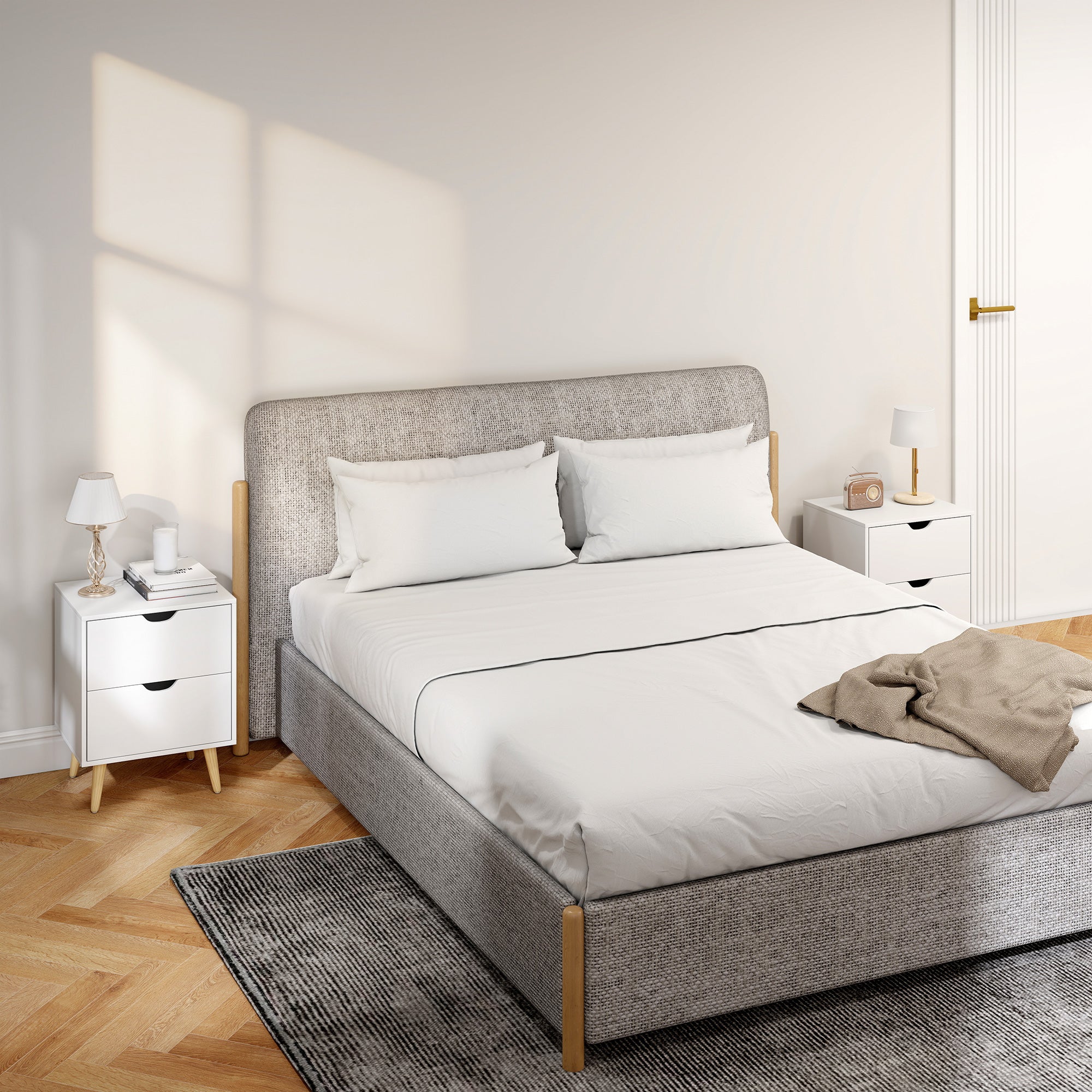 Modern Nightstand Set of 2, Bedside Table with 2 Drawers, End Table with Pine Wood Legs for Bedroom, White