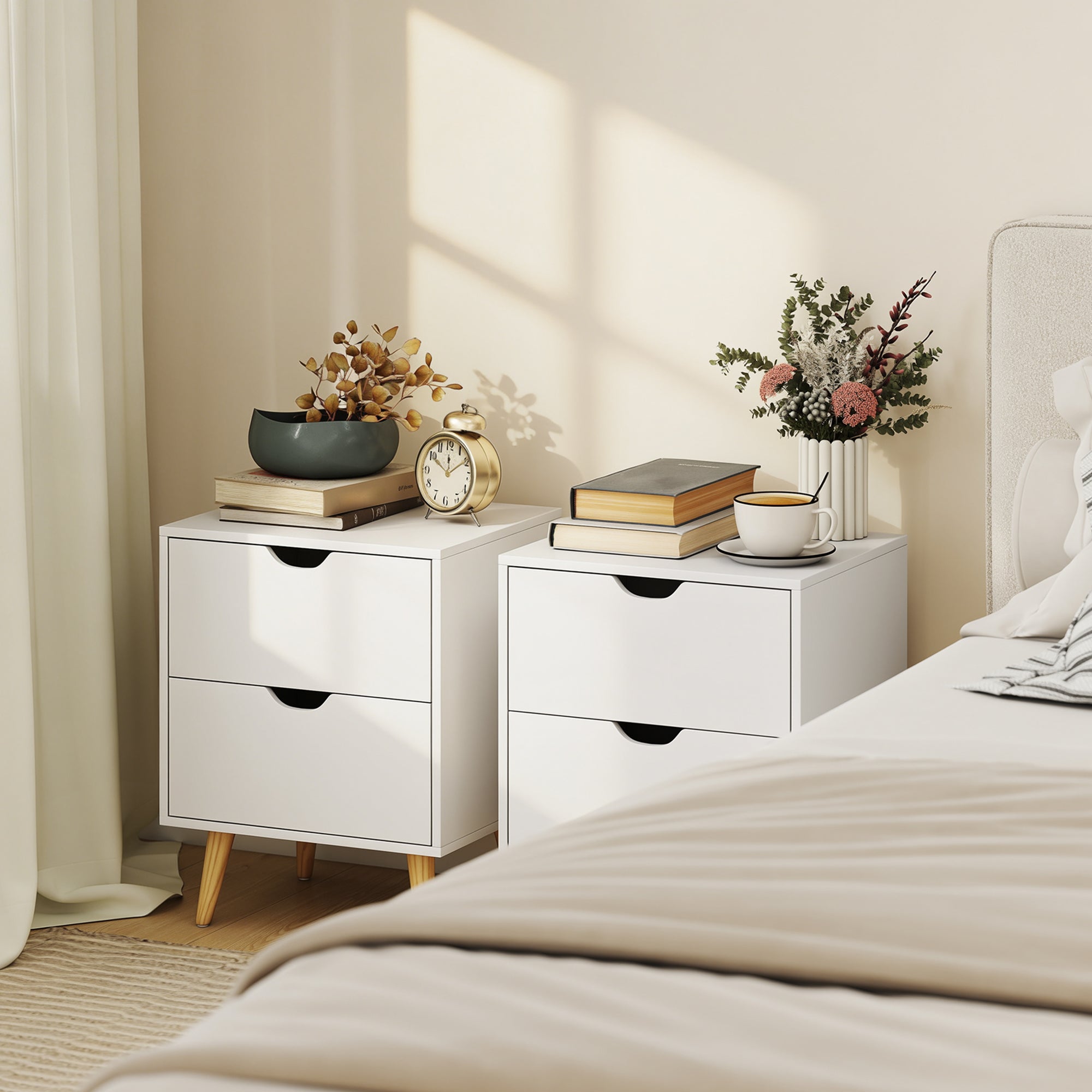Modern Nightstand Set of 2, Bedside Table with 2 Drawers, End Table with Pine Wood Legs for Bedroom, White