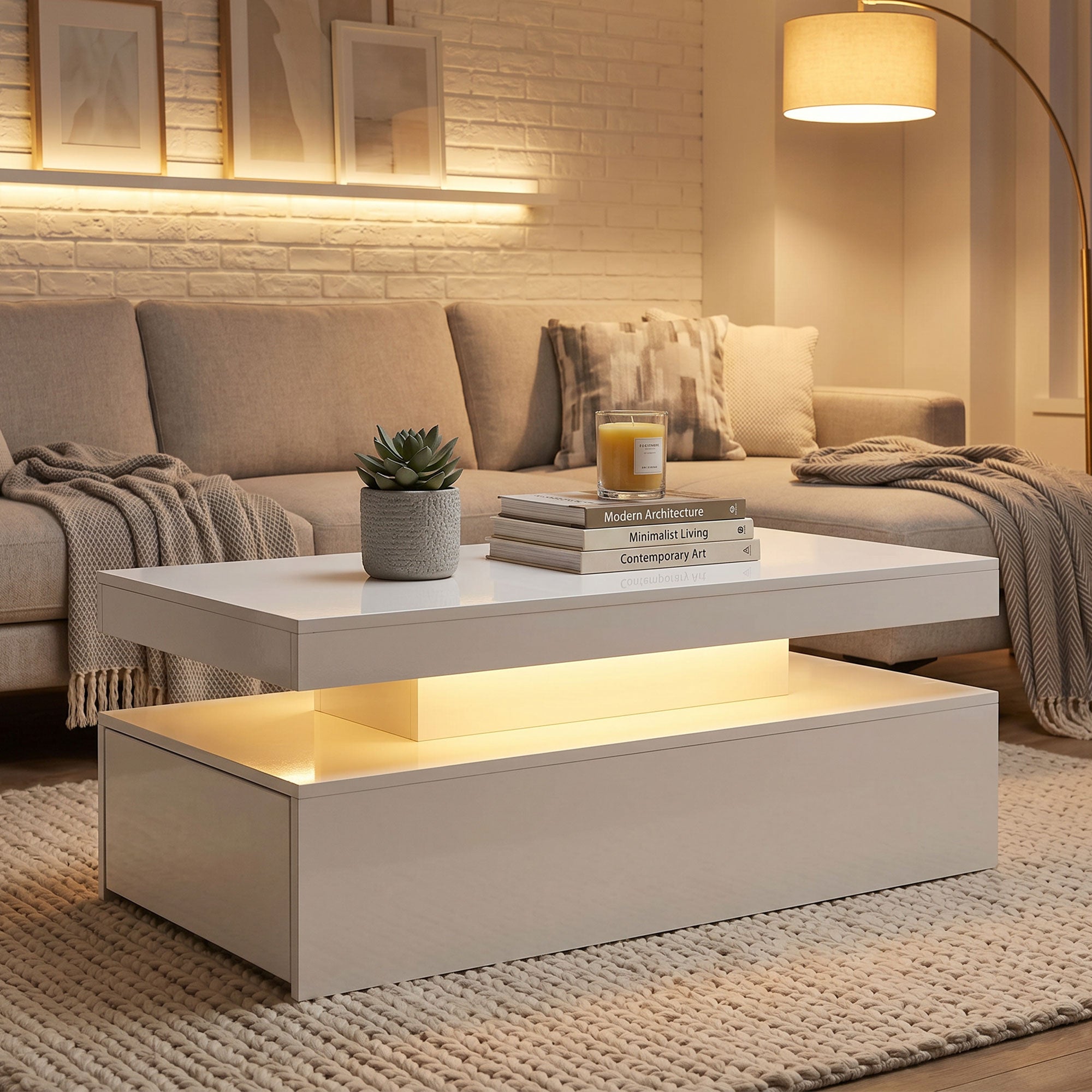 LED Coffee Table with Storage, 2-Tier Modern Rectangular Center Table with 2 Drawers and Open Compartment for Living Room, High Gloss White