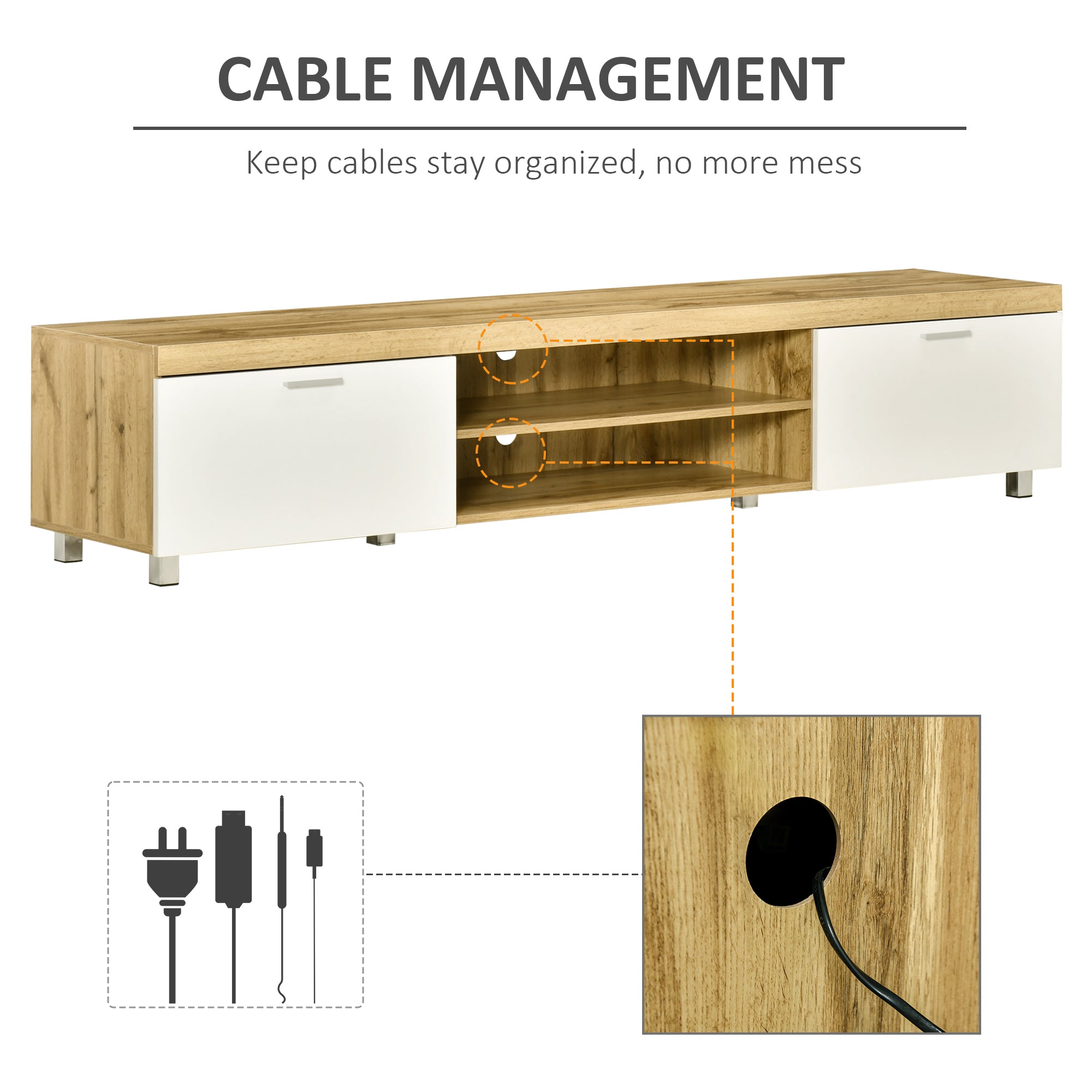 HOMCOM 200cm TV Cabinet for TVs up to 90", Modern TV Unit with Storage and Open Shelves for Living Room and Bedroom, White and Light Brown