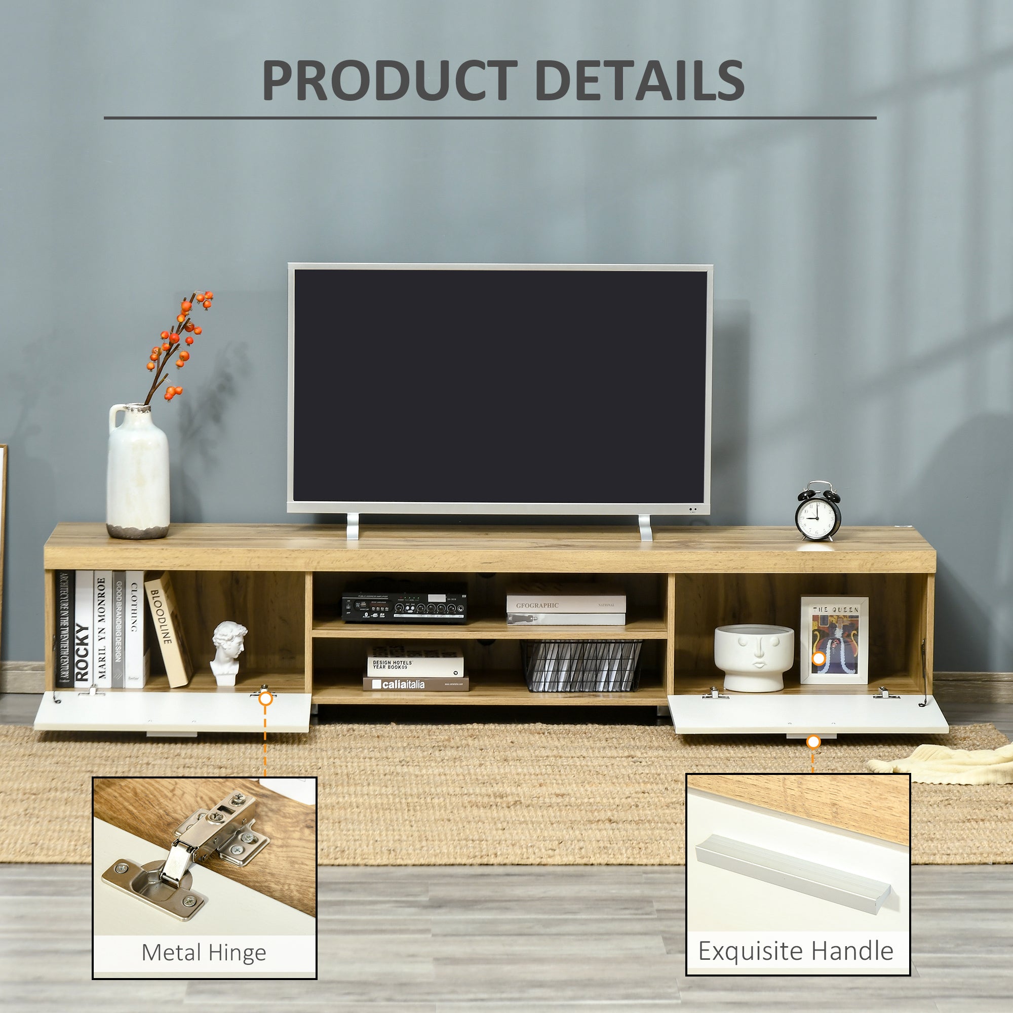 HOMCOM 200cm TV Cabinet for TVs up to 90", Modern TV Unit with Storage and Open Shelves for Living Room and Bedroom, White and Light Brown