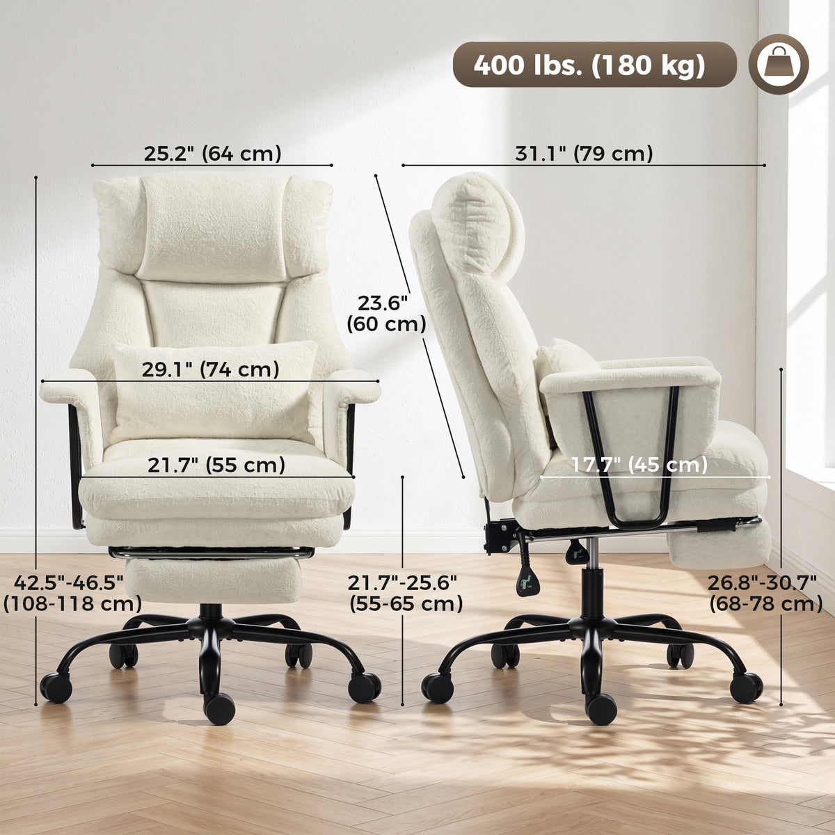 Office Chair, 400 lbs Heavy Duty Raindrop Velvet Computer Desk Chair with Lumbar Support, Wide Seat, Spring Cushion, Reclining Backrest, Footrest, Swivel Wheels, Cream White