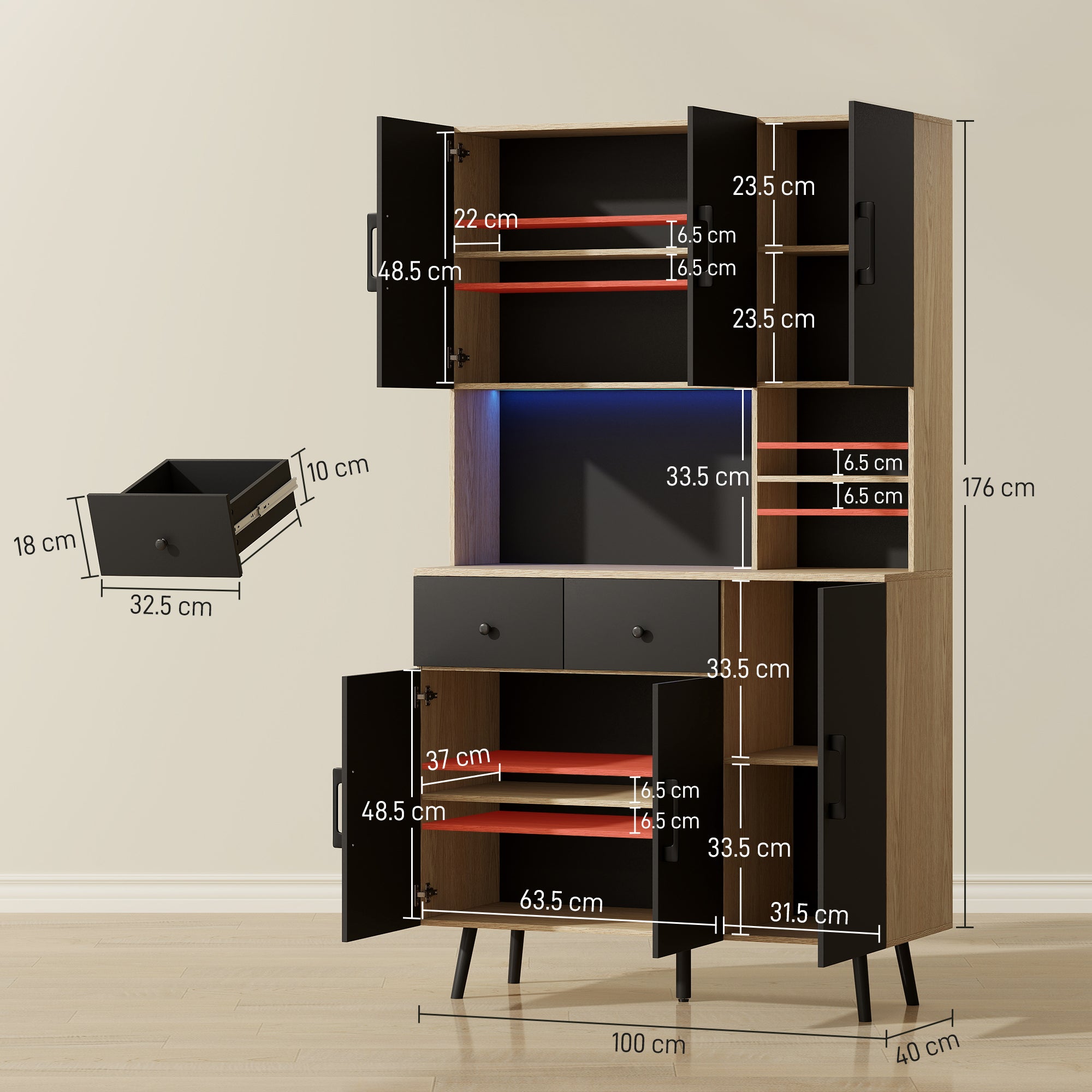 176 cm Tall Kitchen Cupboard with RGB LED Lights, Freestanding 6-Door Kitchen Storage Cabinet with 2 Drawers, Adjustable Shelves, Open Countertop and Cable Hole, Oak and Black