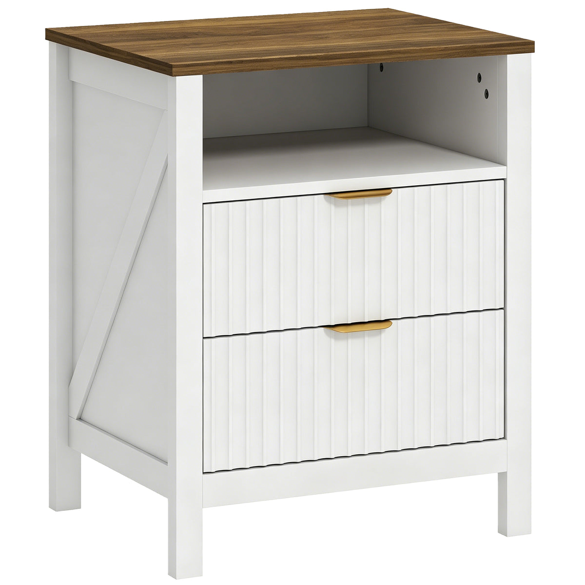 Modern Nightstand with 2 Fluted Drawers, Bedside Table with Open Storage Shelf, Anti-tipping Design, Side End Table for Bedroom Living Room Study, White and Walnut
