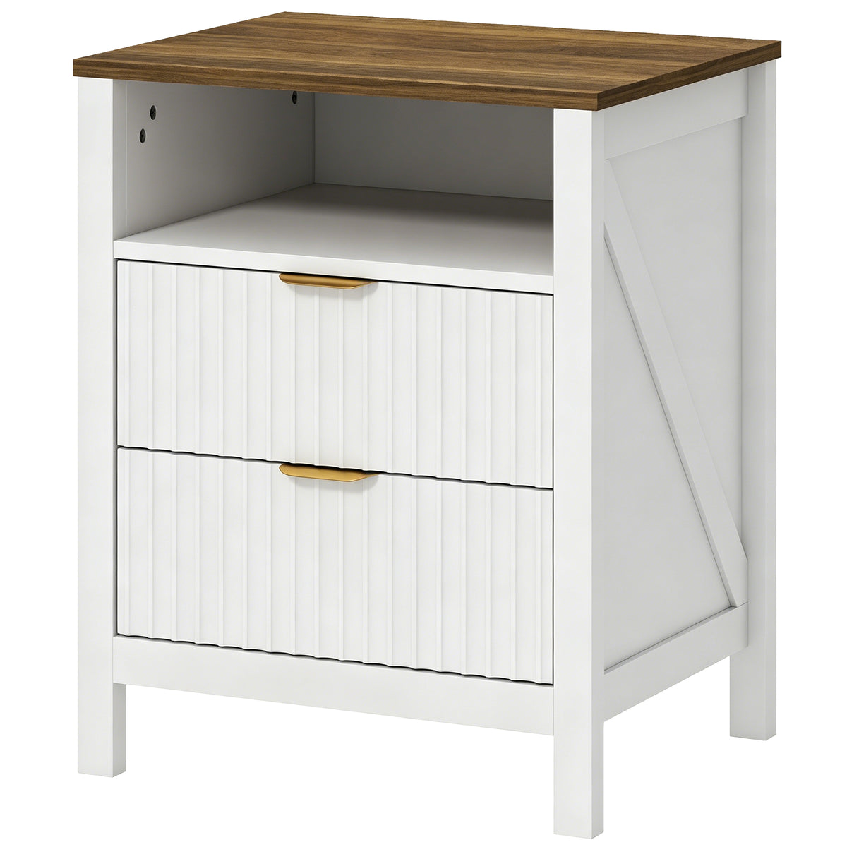 Modern Nightstand with 2 Fluted Drawers, Bedside Table with Open Storage Shelf, Anti-tipping Design, Side End Table for Bedroom Living Room Study, White and Walnut