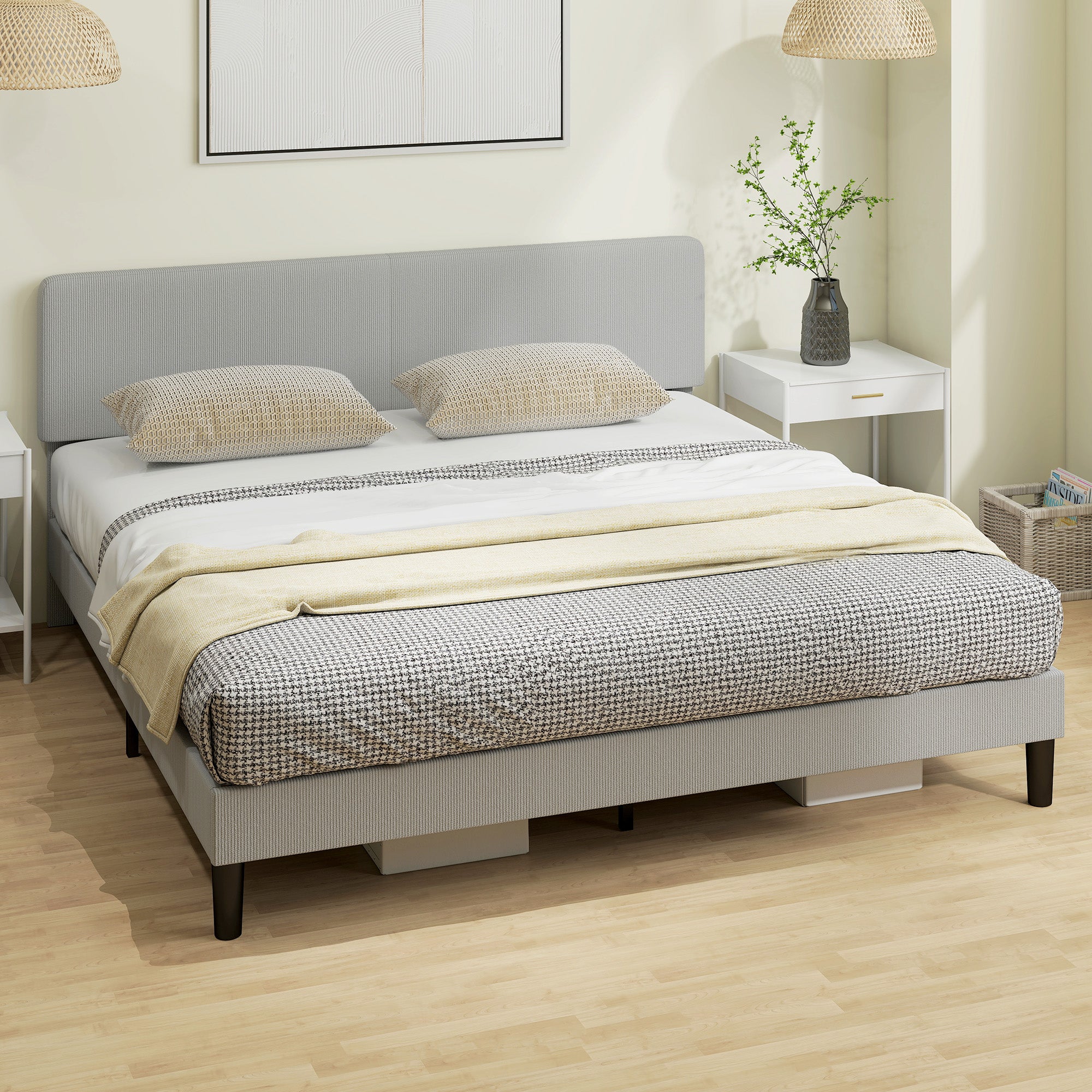 King Bed Frame with Adjustable Headboard, Corduroy Upholstered Platform Bed Frame, Wood Slat Support, Noise Free, No Box Spring Needed, Easy Assembly, Light Grey