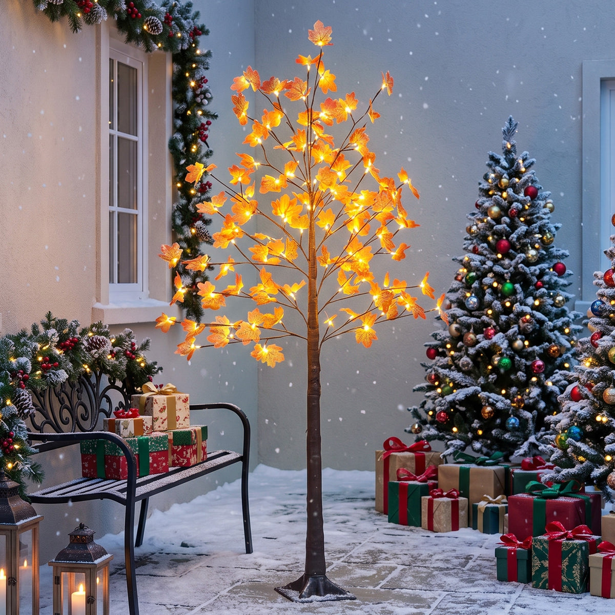 6FT Artificial Lighted Maple Tree with 96 LED Lights, Daily Timer, Fall Decoration with 8 Bendable Branches for Home Indoor Sheltered Outdoor, Thanksgiving Decor