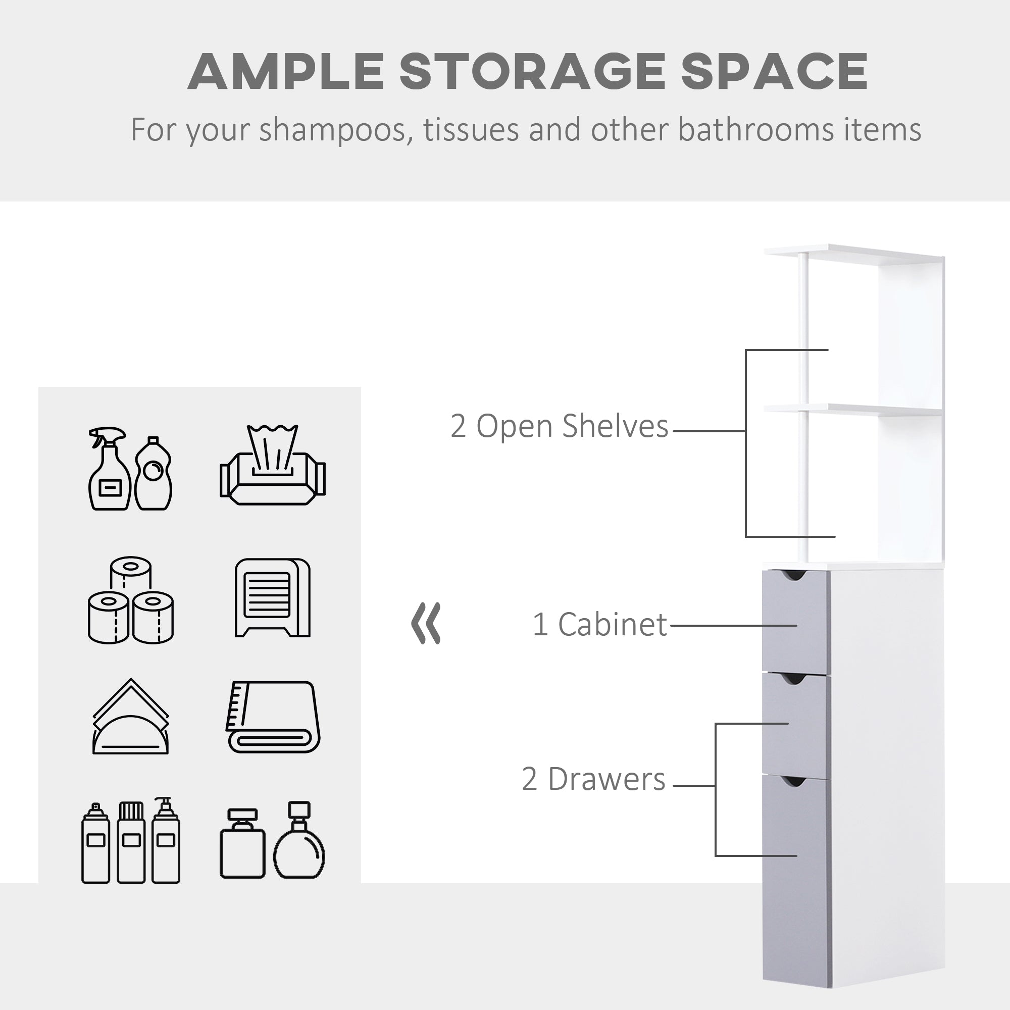 HOMCOM Narrow Bathroom Cabinet, Slim Bathroom Storage Cabinet with Drawers, Cupboard and Open Shelves, Linen Cabinet for Space Saving, White and Grey