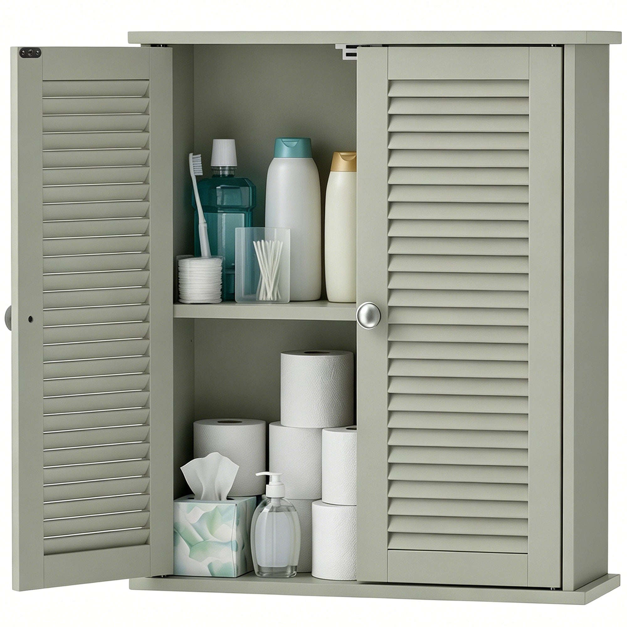 Bathroom Wall Cabinet, Wall-Mounted Over-The-Toilet Space Saver with Louvered Doors and Adjustable Shelf Storage for Kitchen, Living Room, Light Green