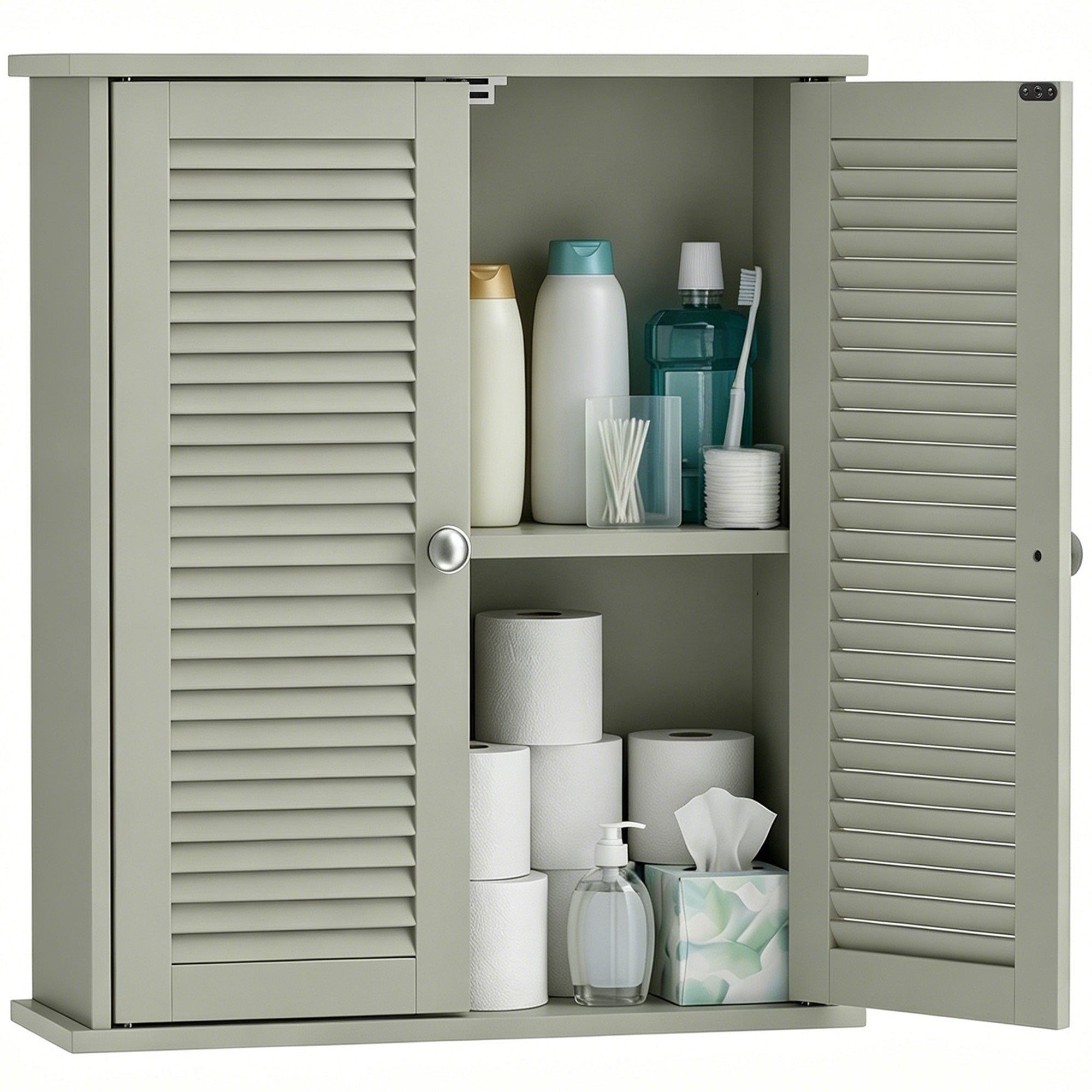 Bathroom Wall Cabinet, Wall-Mounted Over-The-Toilet Space Saver with Louvered Doors and Adjustable Shelf Storage for Kitchen, Living Room, Light Green
