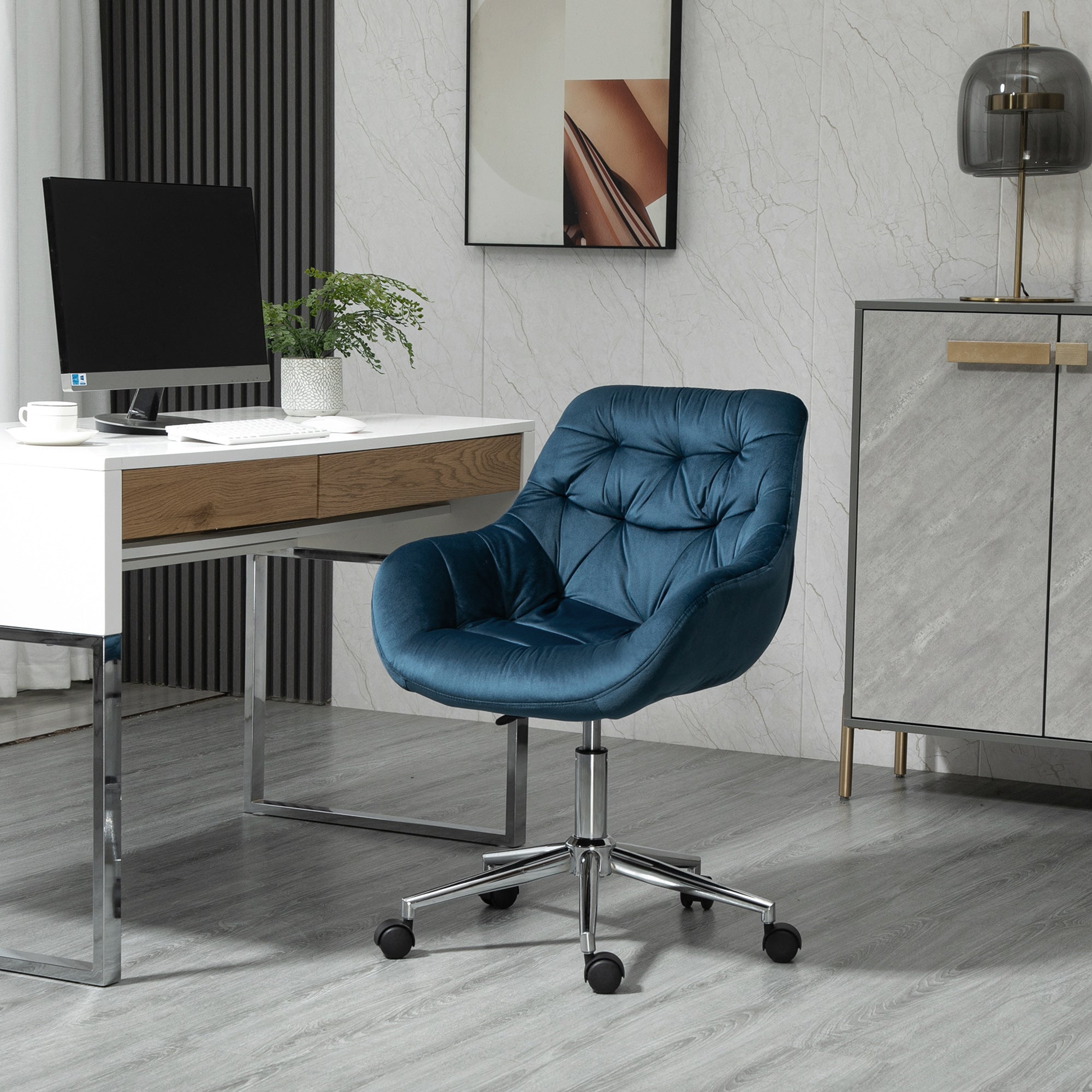 Vinsetto Home Office Chair Velvet Ergonomic Computer Chair Comfy Desk Chair with Adjustable Height, Arm and Back Support, Blue