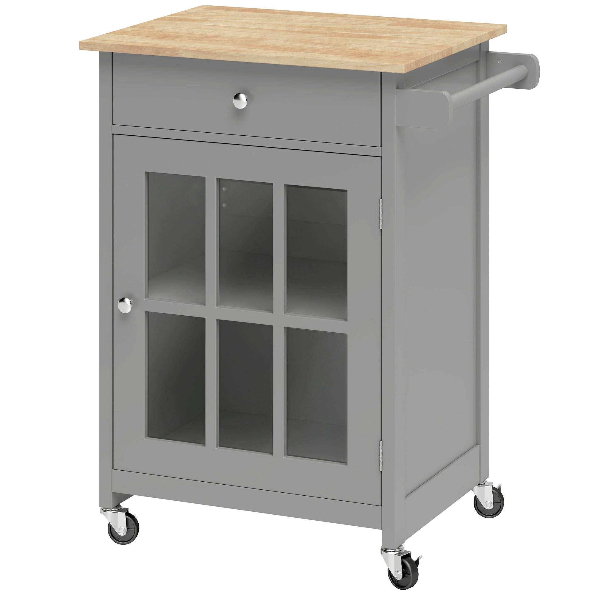 Rolling Kitchen Cart with Drawer and Glass Door Cabinet, Kitchen Island on Wheels with Adjustable Shelf and Towel Rack (Dark Grey)