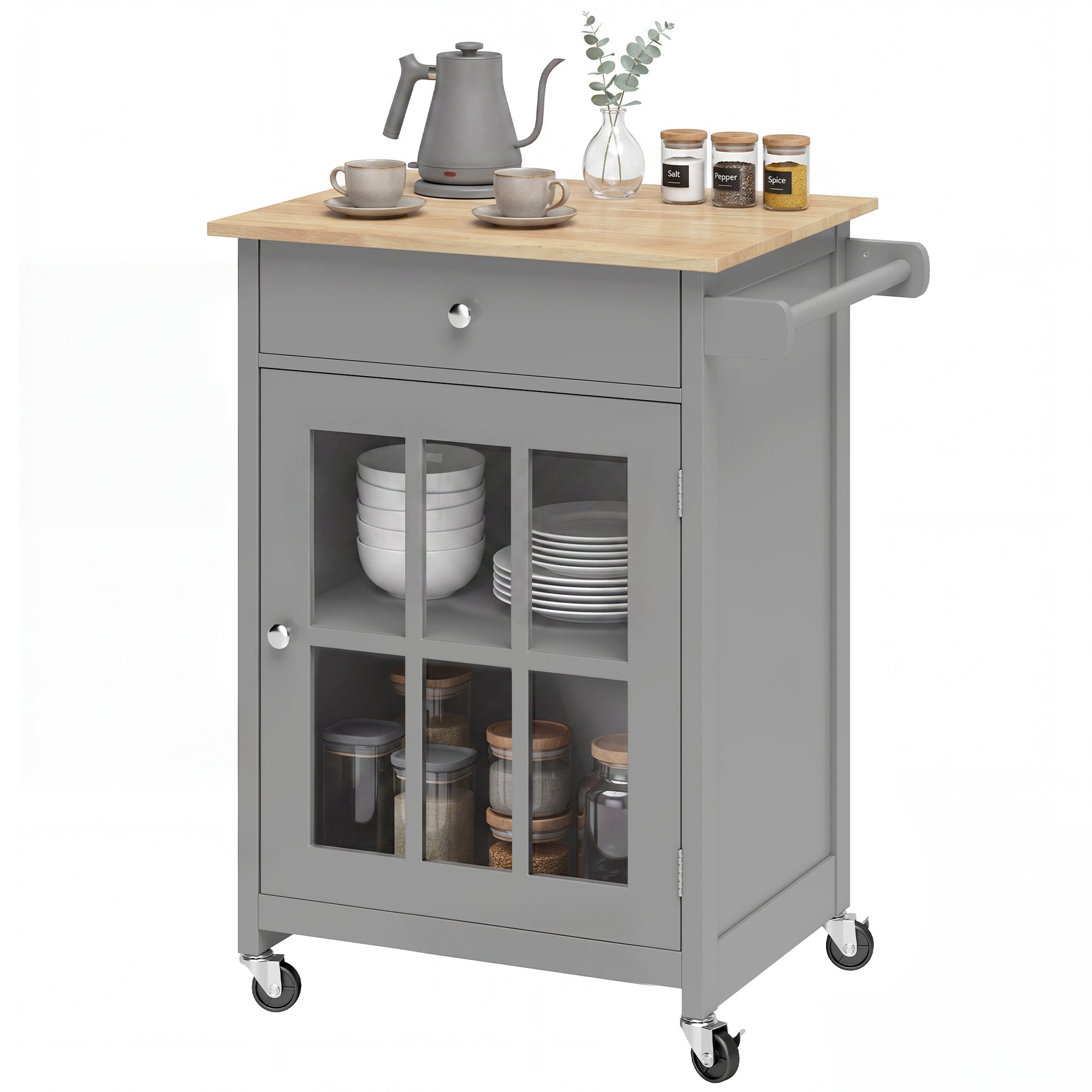Rolling Kitchen Cart with Drawer and Glass Door Cabinet, Kitchen Island on Wheels with Adjustable Shelf and Towel Rack (Dark Grey)