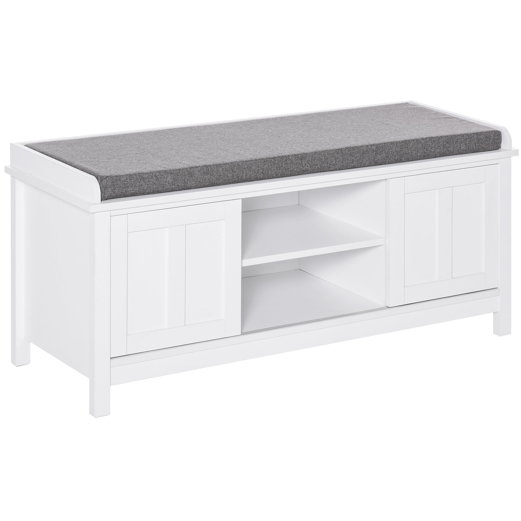 Entryway Shoe Bench Storage Ottoman with Sliding Doors Adjustable Shelving 6 Compartments White