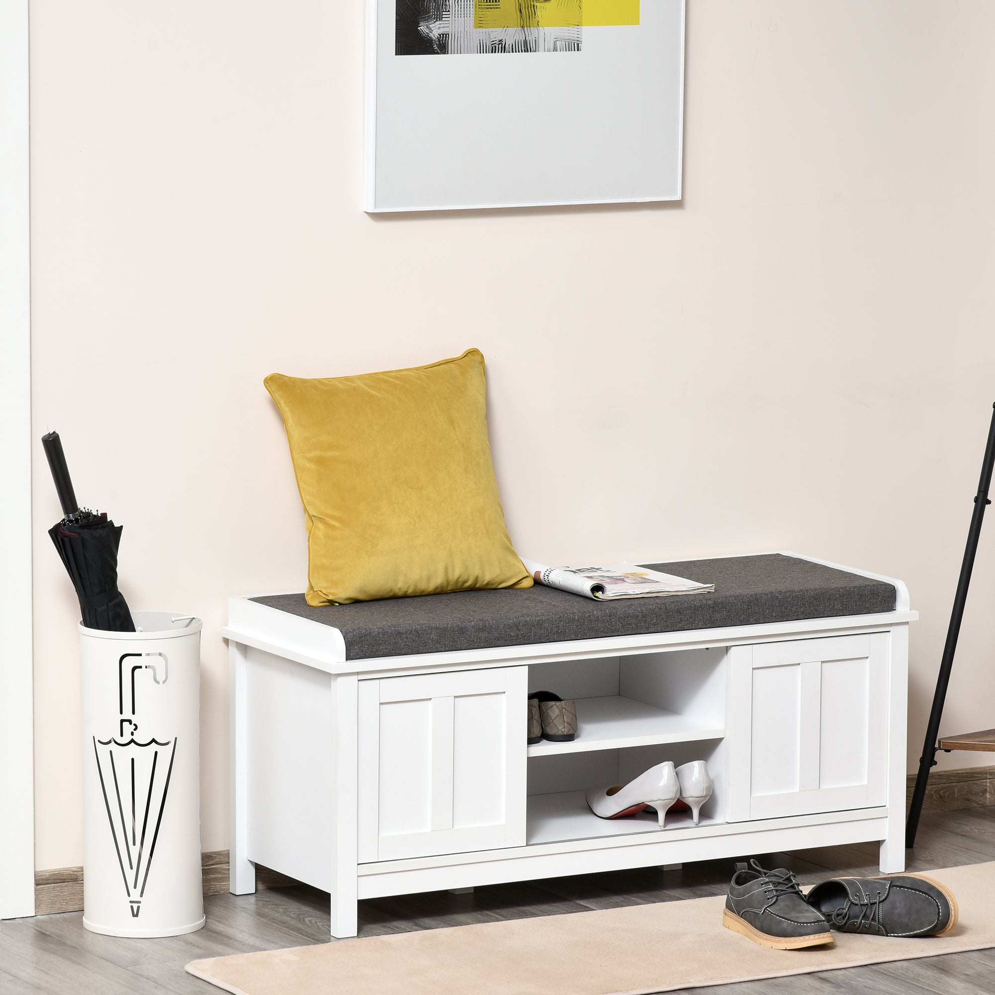 Entryway Shoe Bench Storage Ottoman with Sliding Doors Adjustable Shelving 6 Compartments White