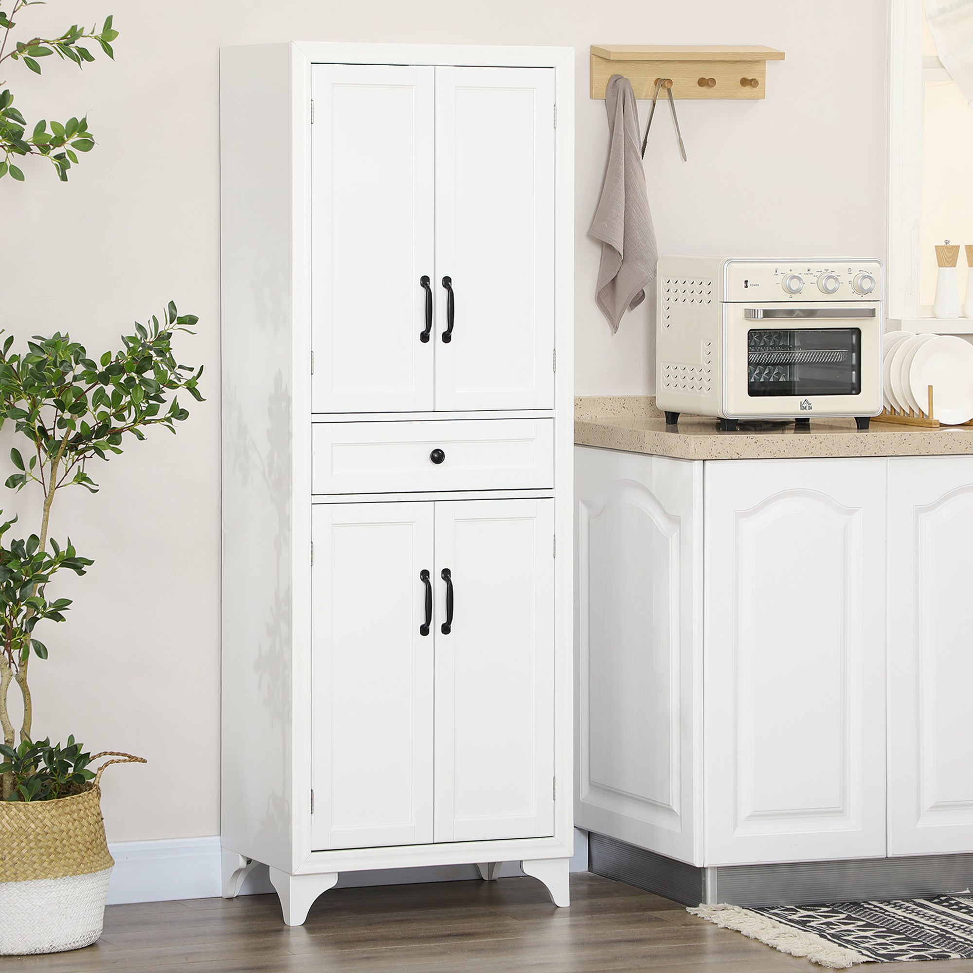 67" 4 Door Kitchen Pantry with Drawer and Adjustable Shelves White