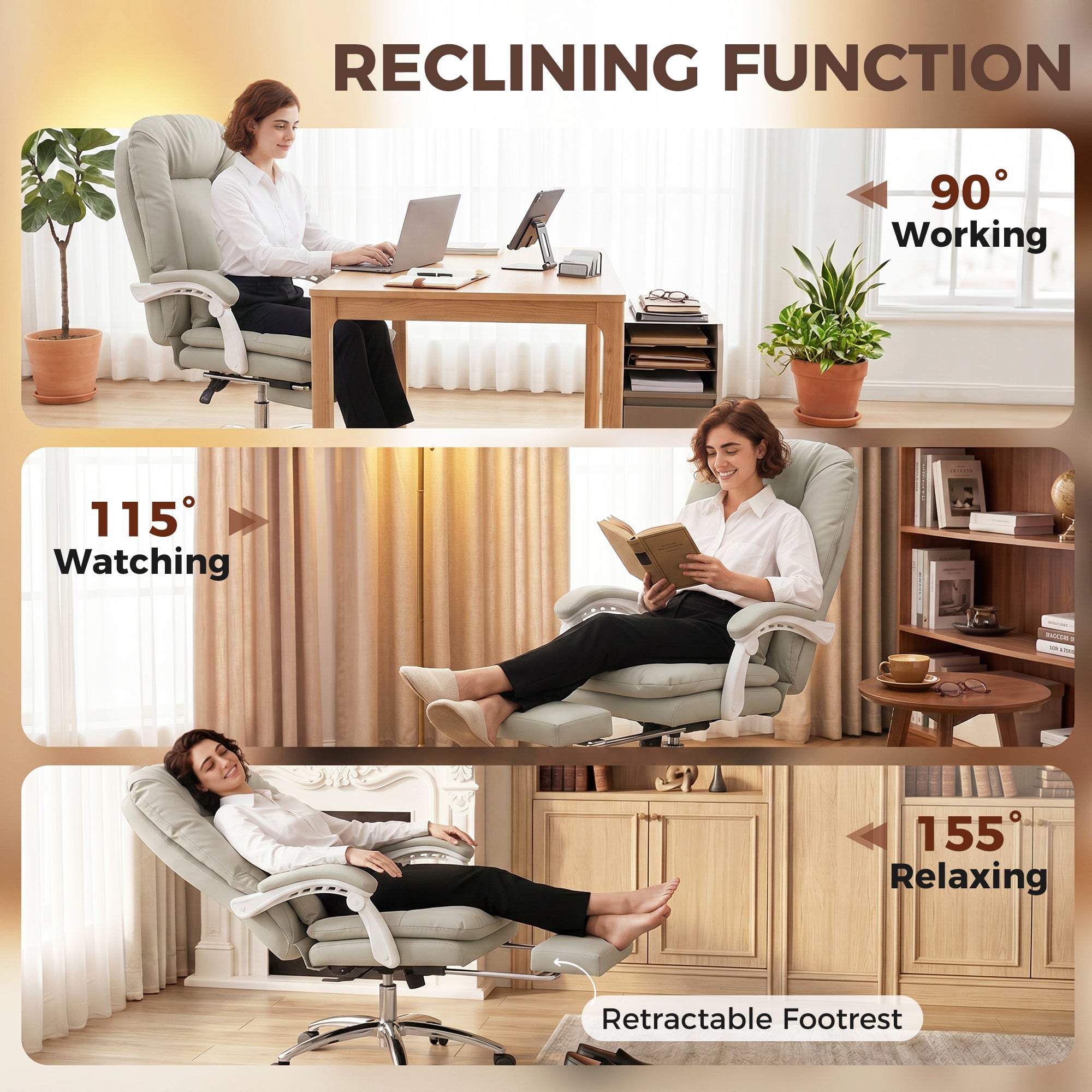 Ergonomic Executive Office Chair, Velvet Reclining Computer Desk Chair with Lumbar Support, Footrest, Plush Thick Cushion, 360° Swivel for Home Office, Khaki