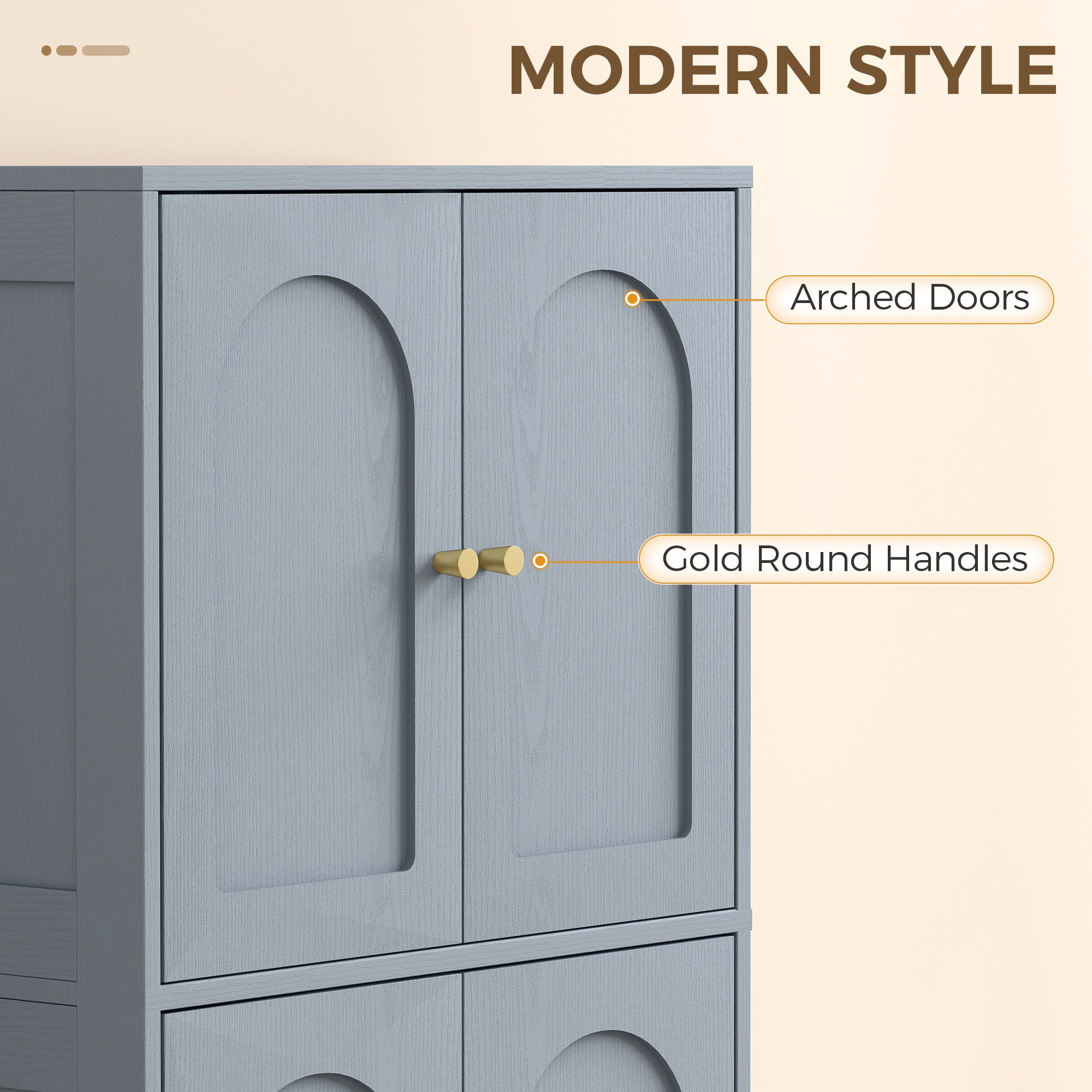110cm Kitchen Cupboard, Freestanding Kitchen Storage Cabinet with 4 Arched Doors and 2 Adjustable Shelves, Modern Pantry Cupboard for Dining Room, Grey