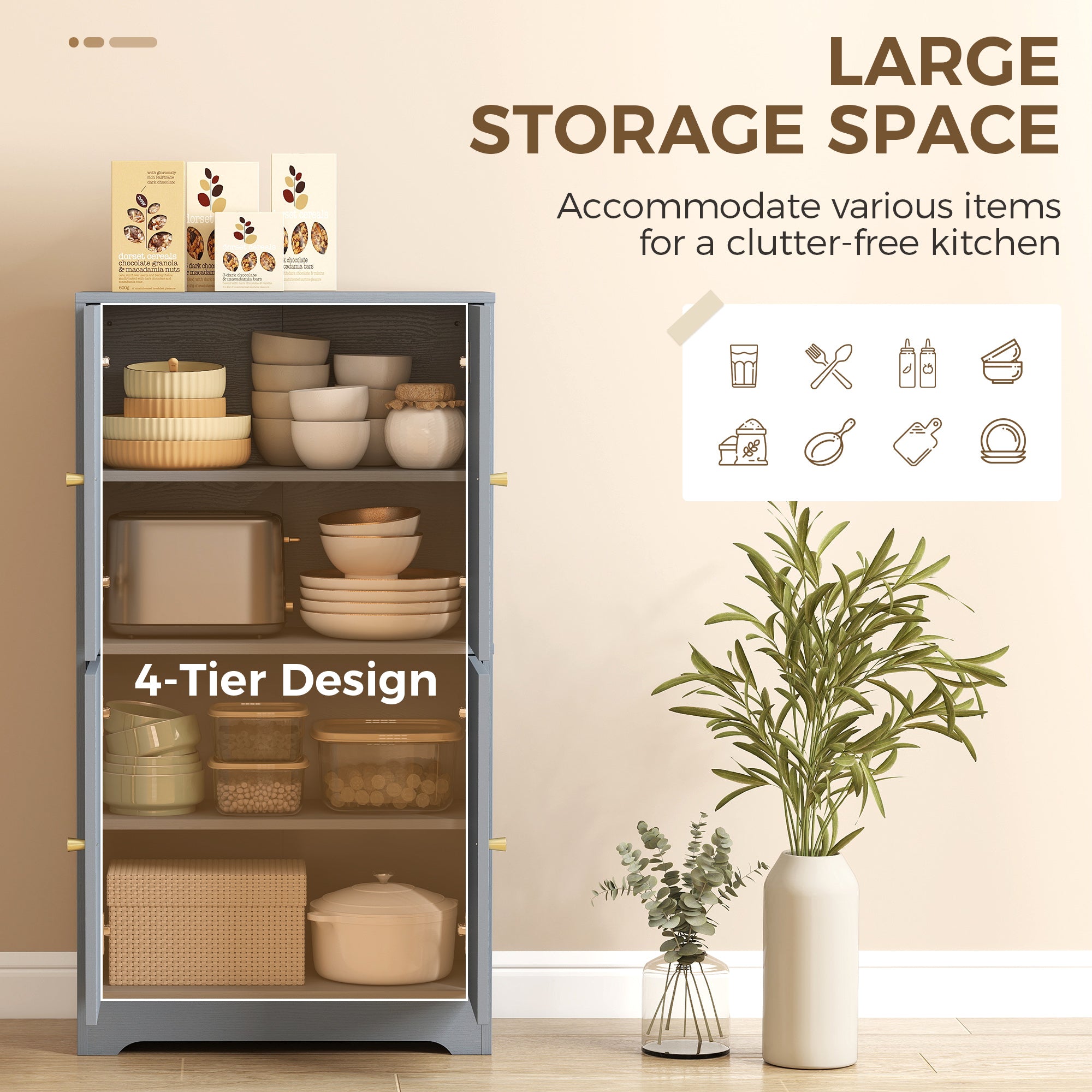 110cm Kitchen Cupboard, Freestanding Kitchen Storage Cabinet with 4 Arched Doors and 2 Adjustable Shelves, Modern Pantry Cupboard for Dining Room, Grey