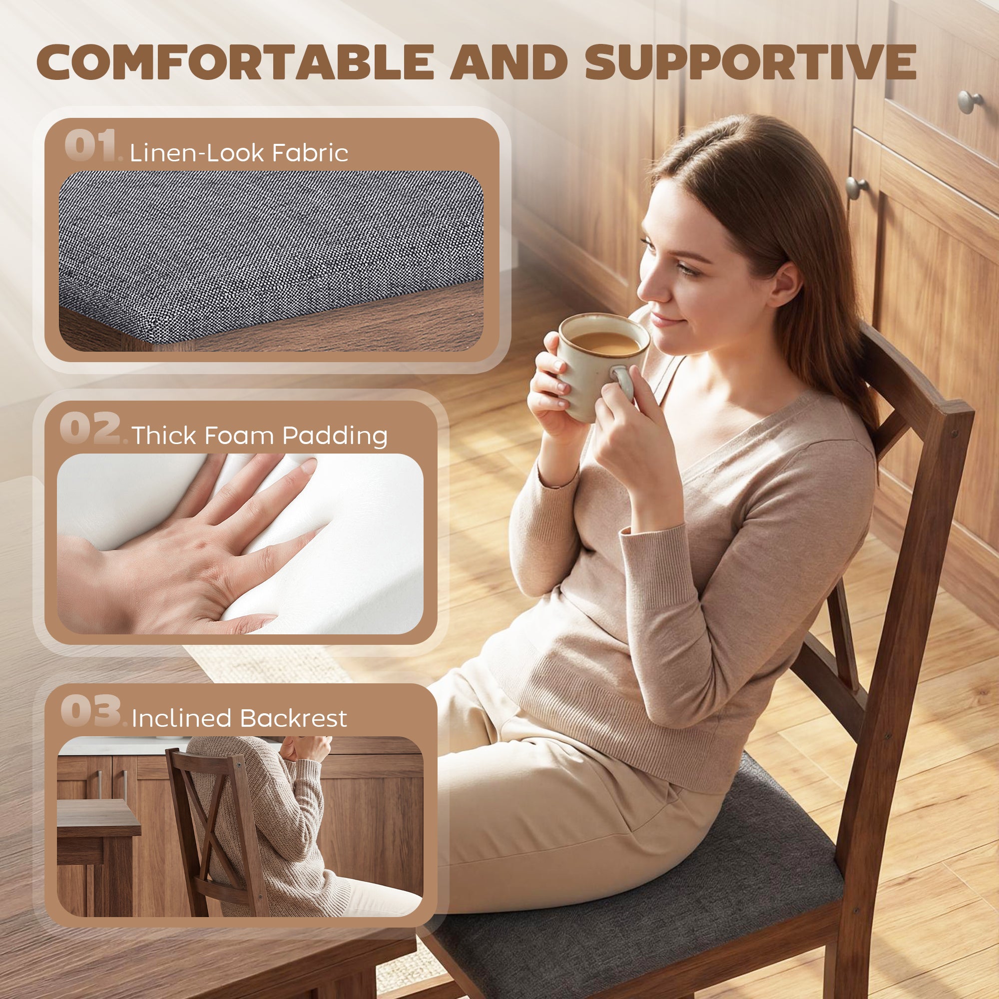 Farmhouse Wooden Dining Chairs Set of 2, Upholstered X-Back Kitchen Chairs with Rubberwood Legs and Padded Seat for Dining Room, Living Room, Gray