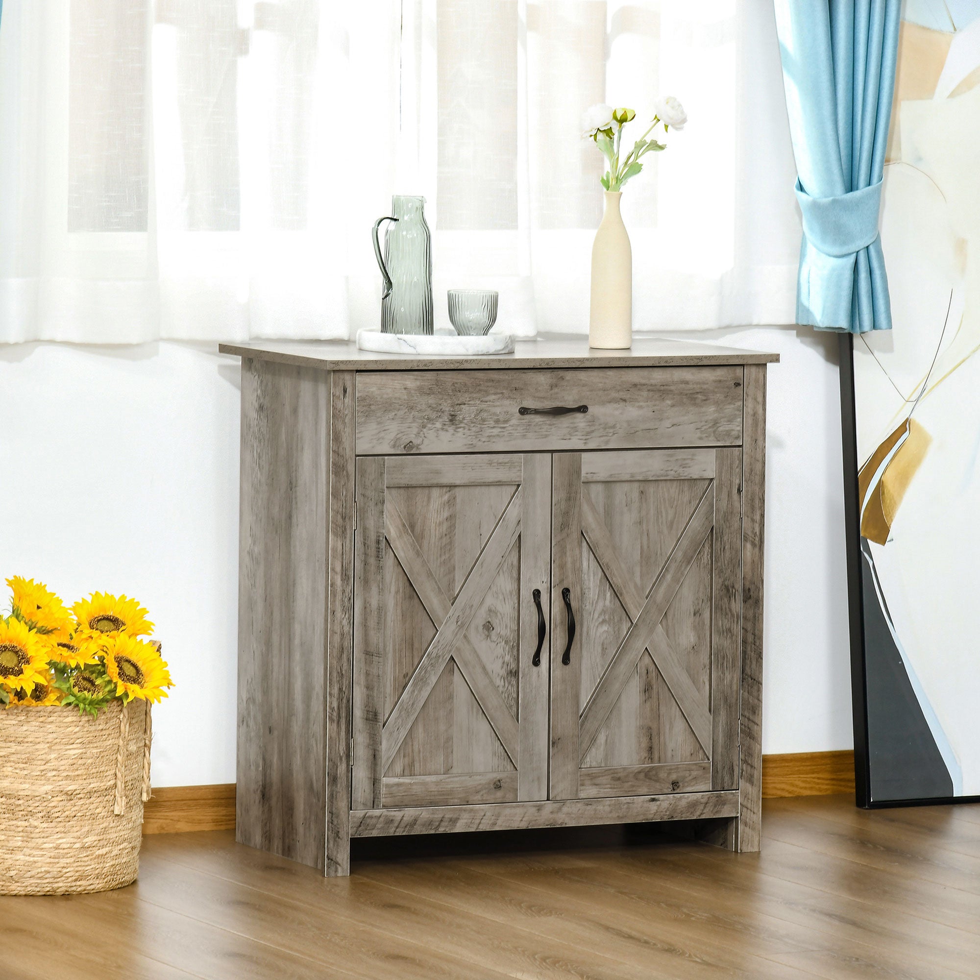 Farmhouse Sideboard Buffet Cabinet, Barn Door Coffee Bar Cabinet with Drawer and Adjustable Shelf, Kitchen Cabinet for Living Room, Entryway, Gray