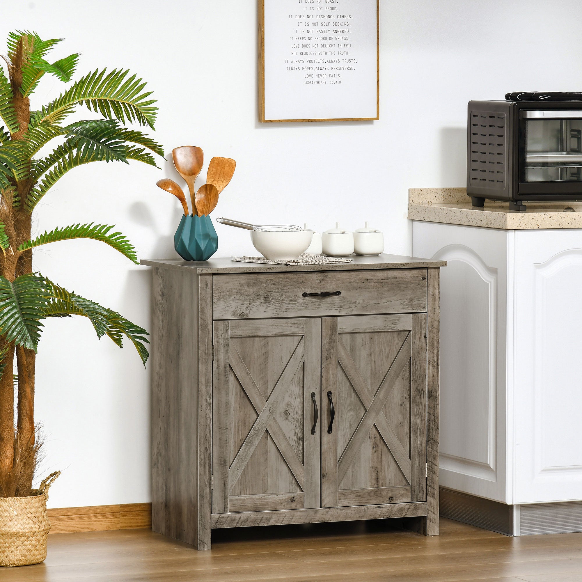 Farmhouse Sideboard Buffet Cabinet, Barn Door Coffee Bar Cabinet with Drawer and Adjustable Shelf, Kitchen Cabinet for Living Room, Entryway, Gray