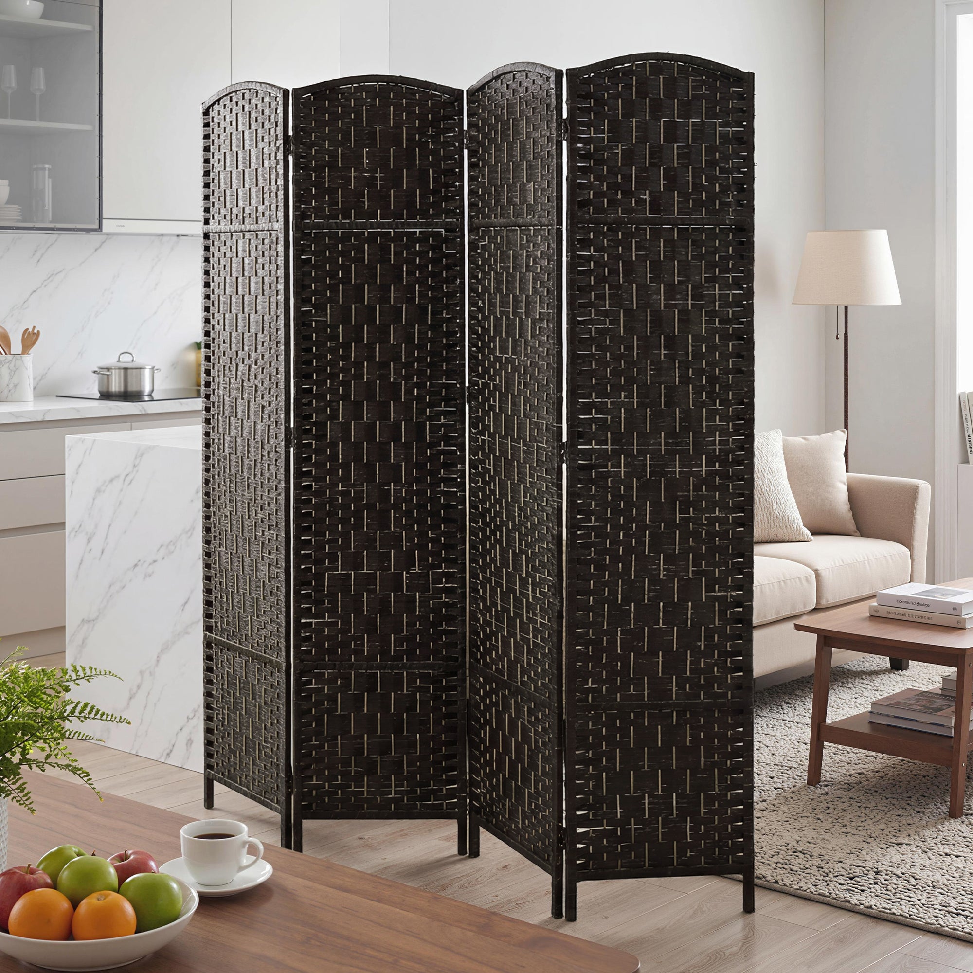 Room Divider, 4 Panel Folding Privacy Screen, 70.9" Tall Portable Wicker Weave Partition Wall Divider for Bedroom, Home Office, Coffee