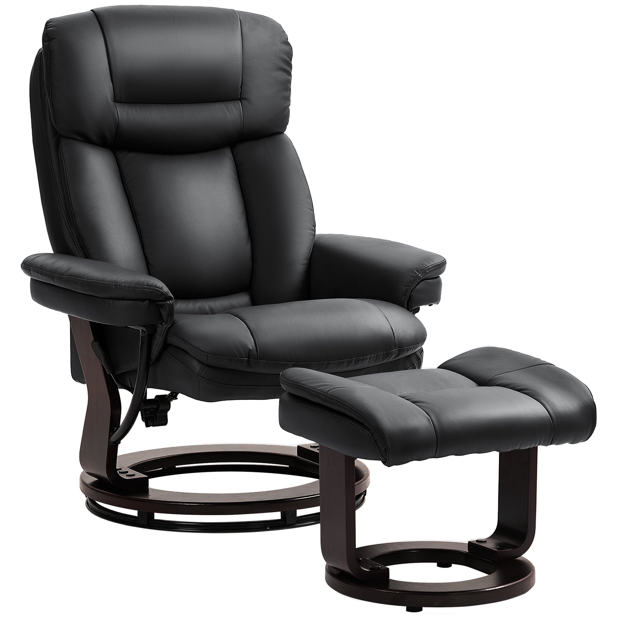 Swivel Recliner Chair with Ottoman, PU Leather Recliner with Adjustable Backrest, Footrest, Wood Base, Upholstered Reclining Chair for Living Room, Bedroom, Office, Black