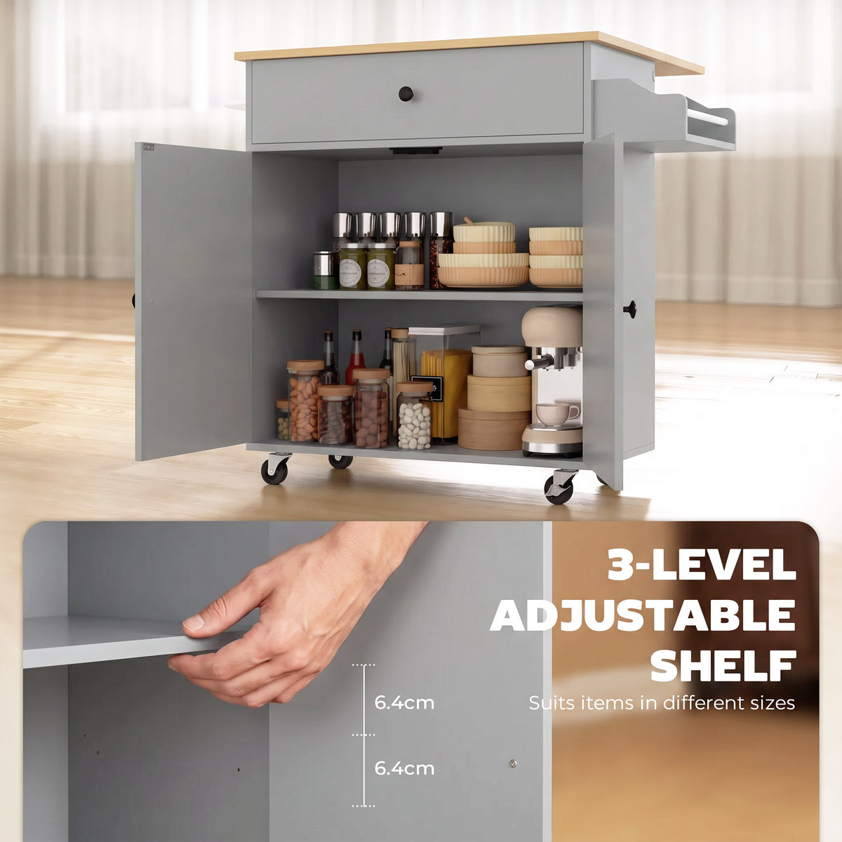 Kitchen Island with Drop Leaf, Rolling Kitchen Storage Trolley on Wheels with Drawer, Spice Rack and Towel Rack, Storage Cart with Adjustable Shelf, Grey