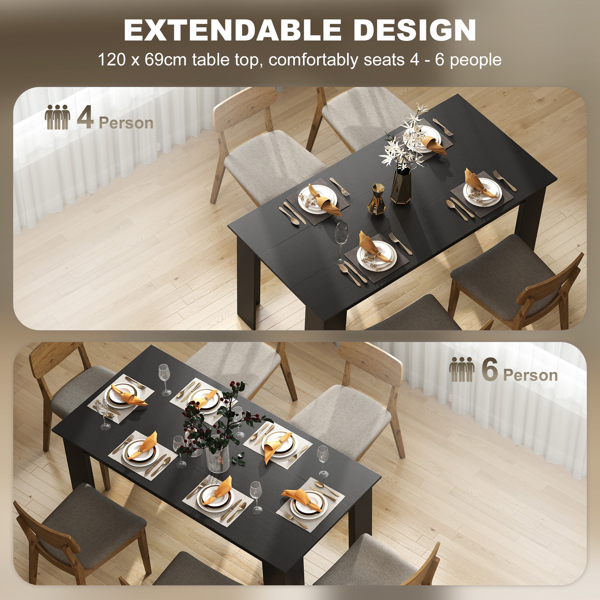 63" Dining Table for 4-6 People, Mid-Century Modern Rectangular Kitchen Table with Wood Effect for Dining Room, Living Room, Black Wood Effect