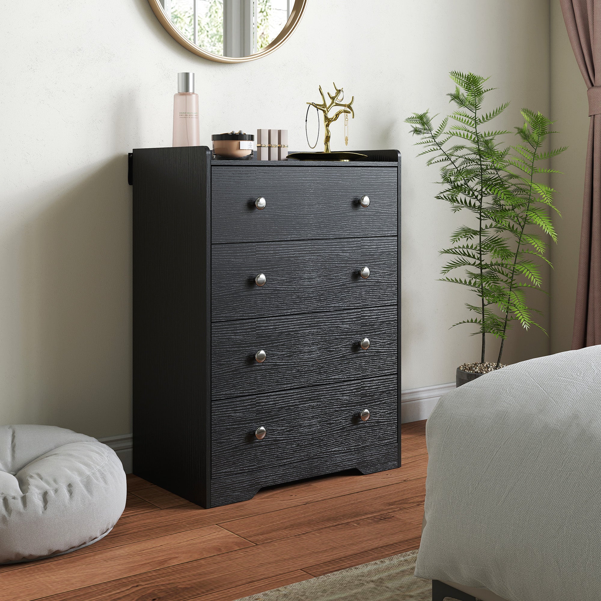 4 Drawer Chest of Drawers, Modern Dresser for Bedroom, Storage Cabinet for Living Room Entryway, Black Wood Effect
