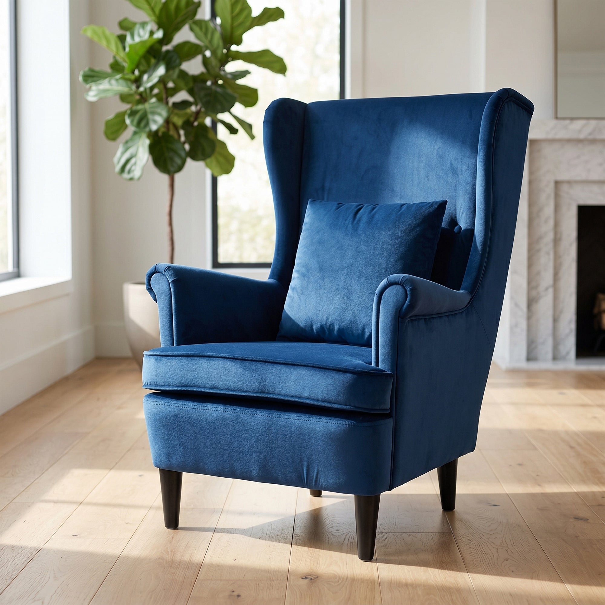 Modern Accent Chair, Upholstered Wingback Armchair with High Backrest and Pillow, Velvet-Feel Fabric Reading Chair with Solid Wood Legs for Living Room, Bedroom, Home Office, Blue