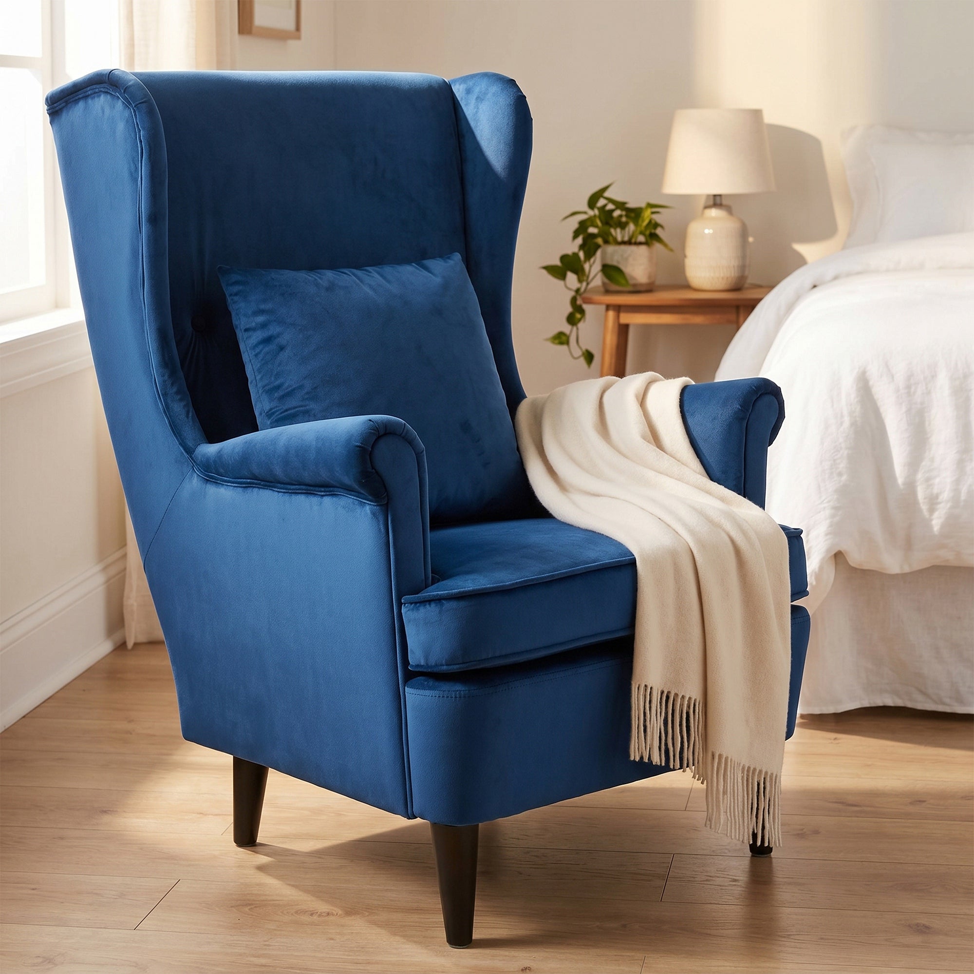 Modern Accent Chair, Upholstered Wingback Armchair with High Backrest and Pillow, Velvet-Feel Fabric Reading Chair with Solid Wood Legs for Living Room, Bedroom, Home Office, Blue