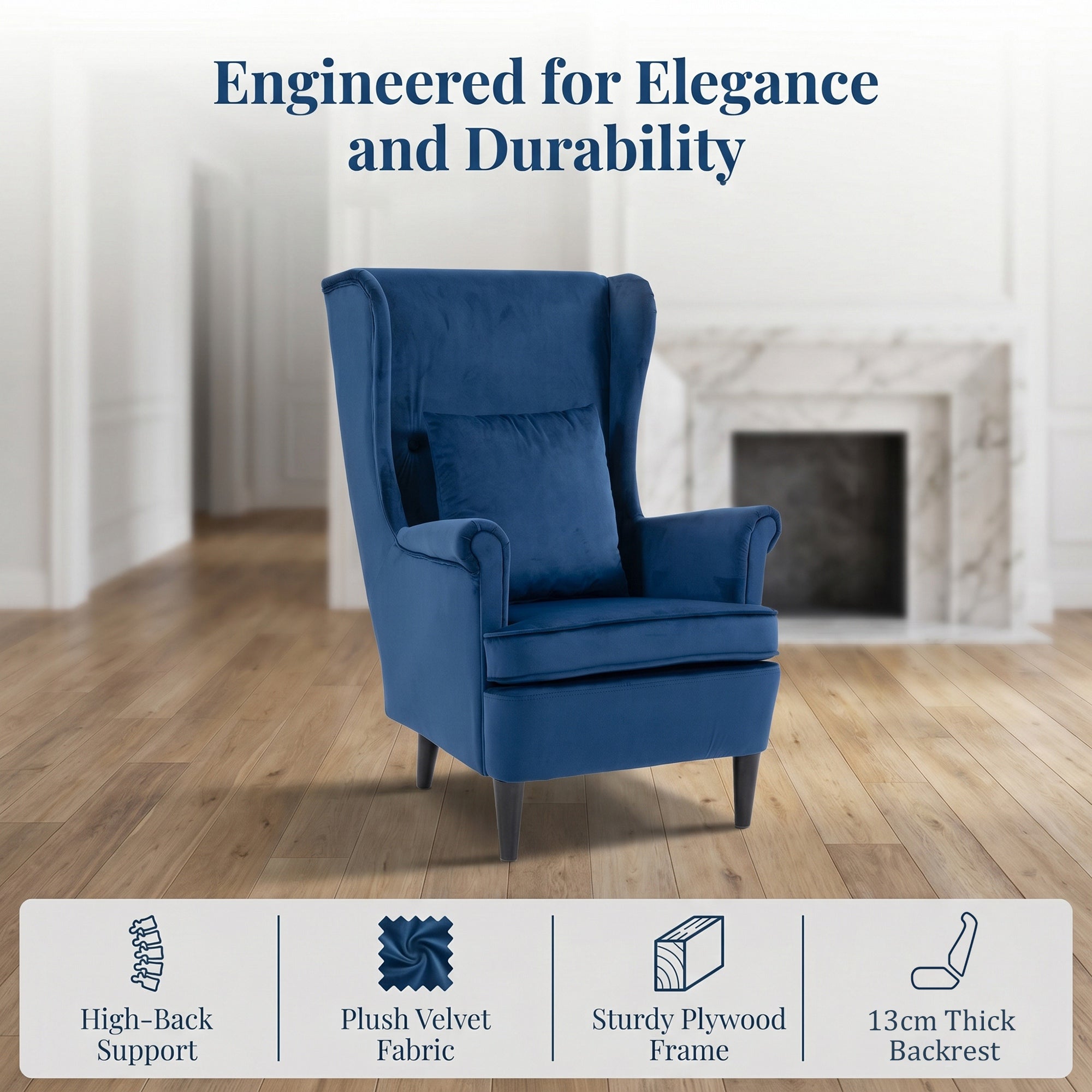 Modern Accent Chair, Upholstered Wingback Armchair with High Backrest and Pillow, Velvet-Feel Fabric Reading Chair with Solid Wood Legs for Living Room, Bedroom, Home Office, Blue