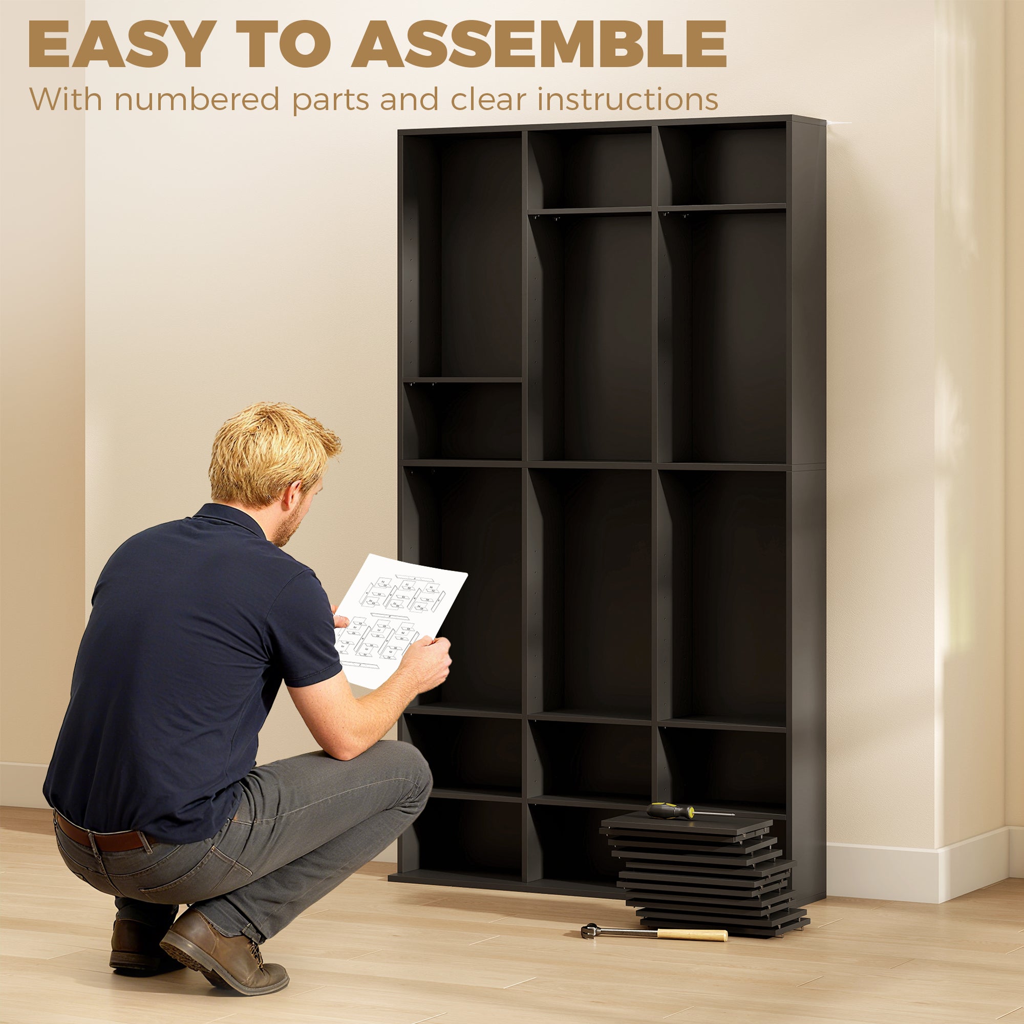 835 CD/500 DVD Storage Unit, Blu-ray Media Storage Shelf with 27 Compartments and 21 Adjustable Shelves, CD Tower for Living Room, Bedroom, Office, Black