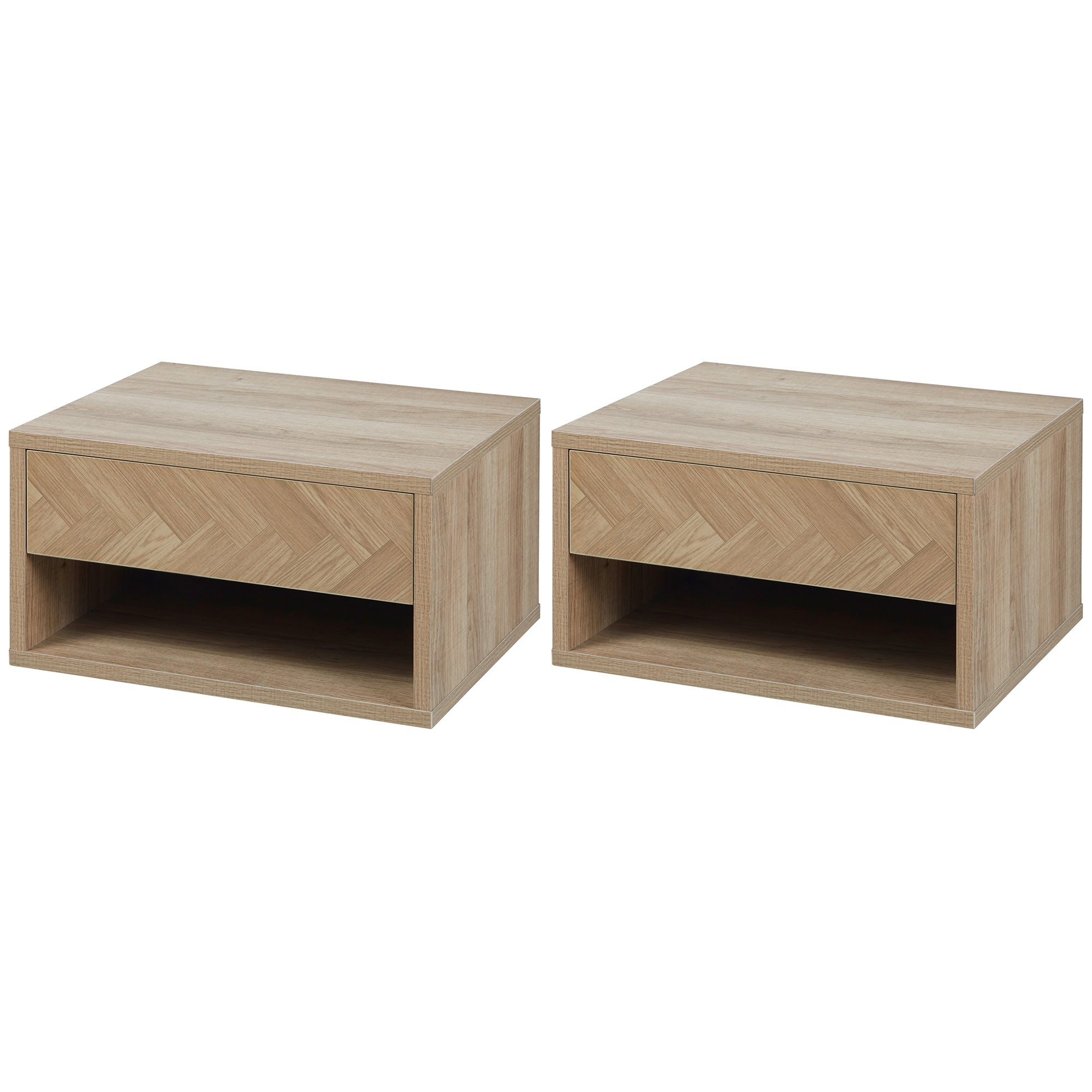 HOMCOM Floating Bedside Table Set of 2 Wall Mounted Nightstand with Storage Drawer and Open Shelf for Bedroom, Natural