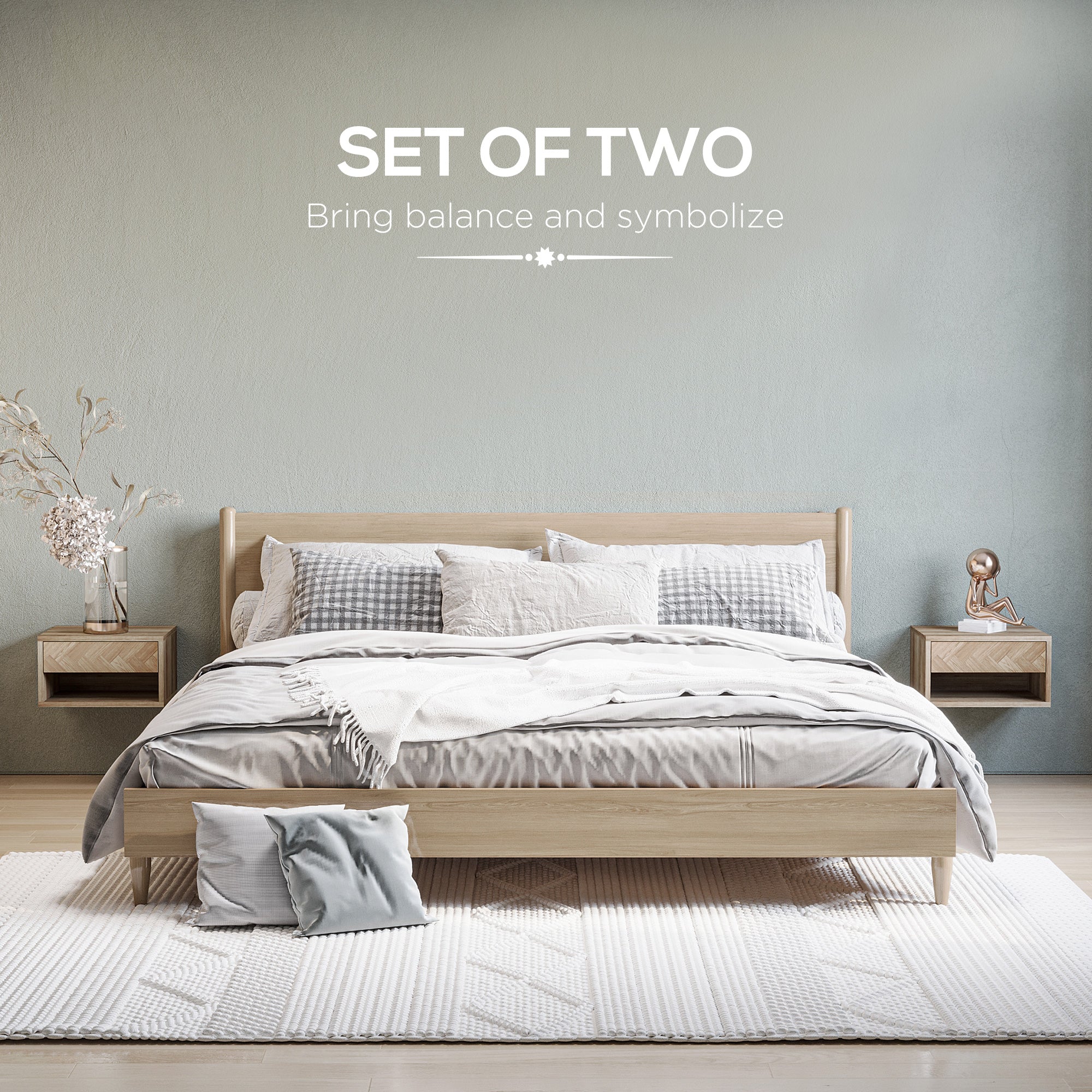 HOMCOM Floating Bedside Table Set of 2 Wall Mounted Nightstand with Storage Drawer and Open Shelf for Bedroom, Natural
