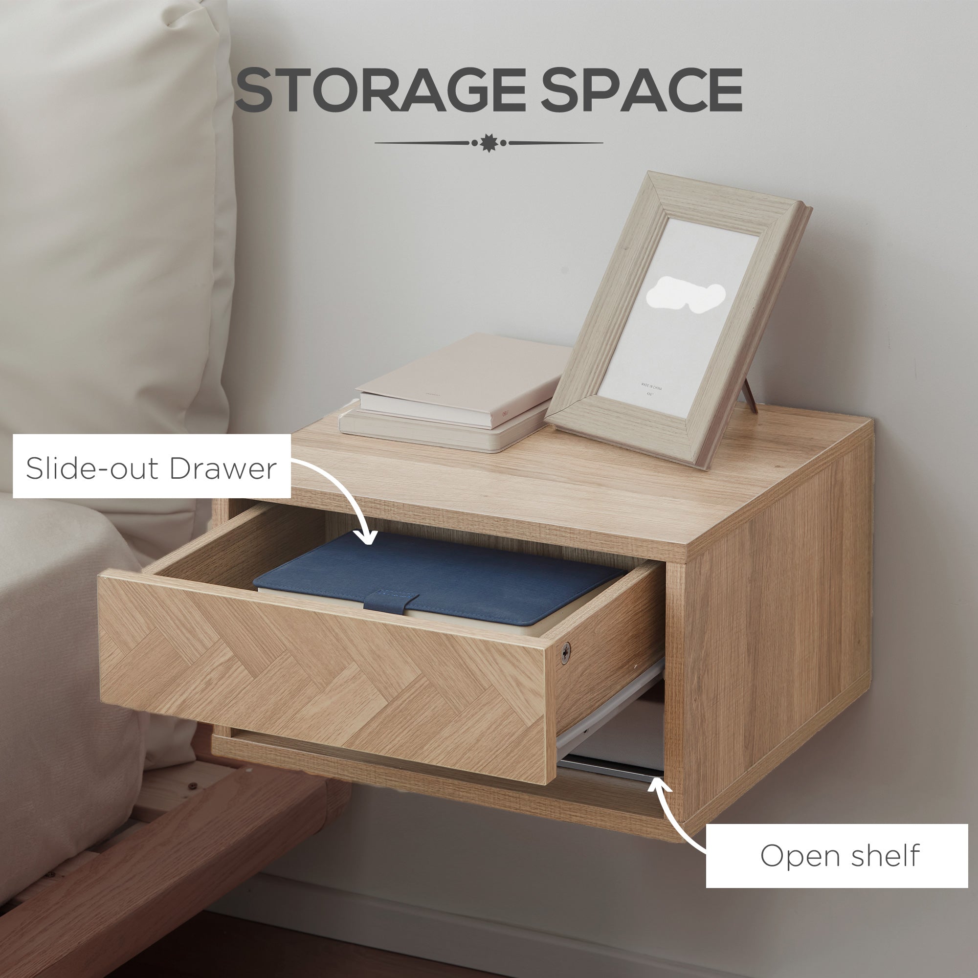 HOMCOM Floating Bedside Table Set of 2 Wall Mounted Nightstand with Storage Drawer and Open Shelf for Bedroom, Natural
