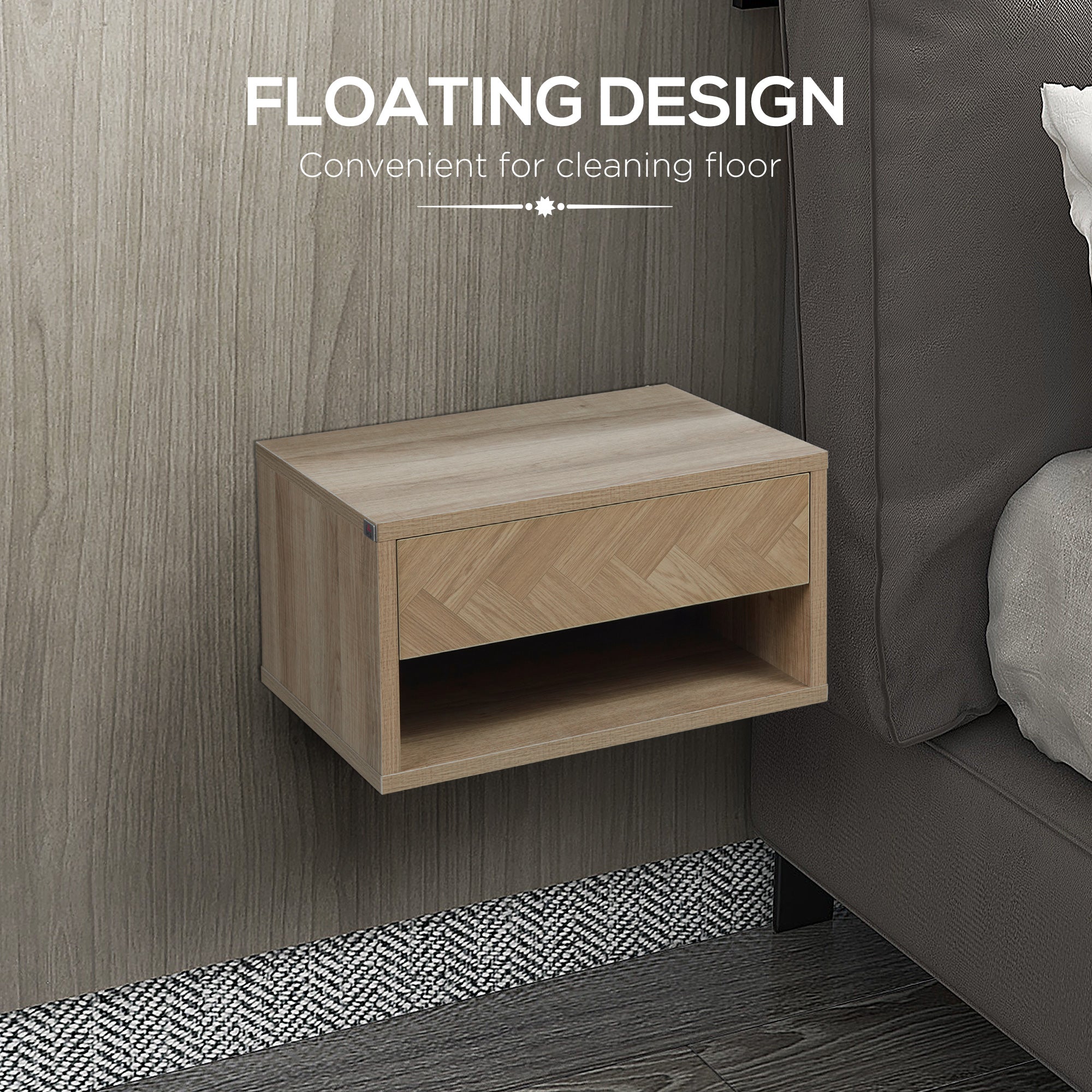 HOMCOM Floating Bedside Table Set of 2 Wall Mounted Nightstand with Storage Drawer and Open Shelf for Bedroom, Natural