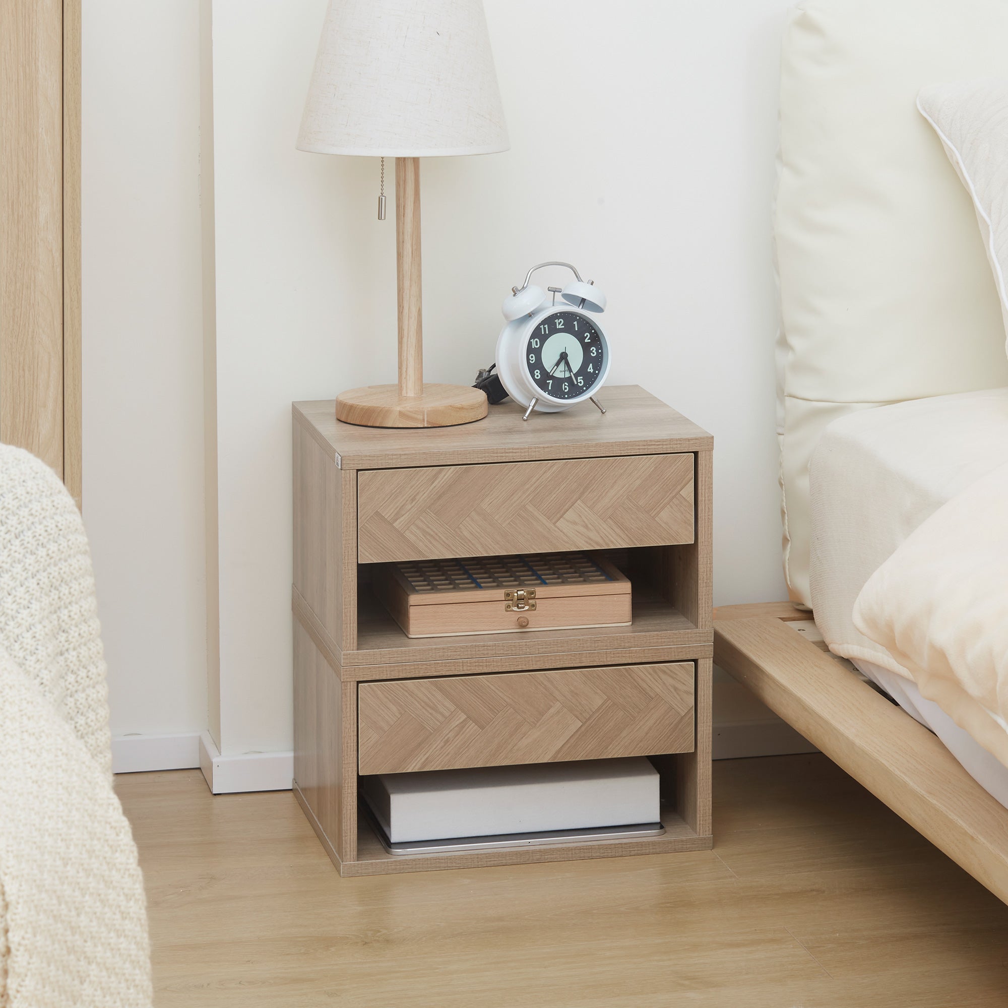 HOMCOM Floating Bedside Table Set of 2 Wall Mounted Nightstand with Storage Drawer and Open Shelf for Bedroom, Natural