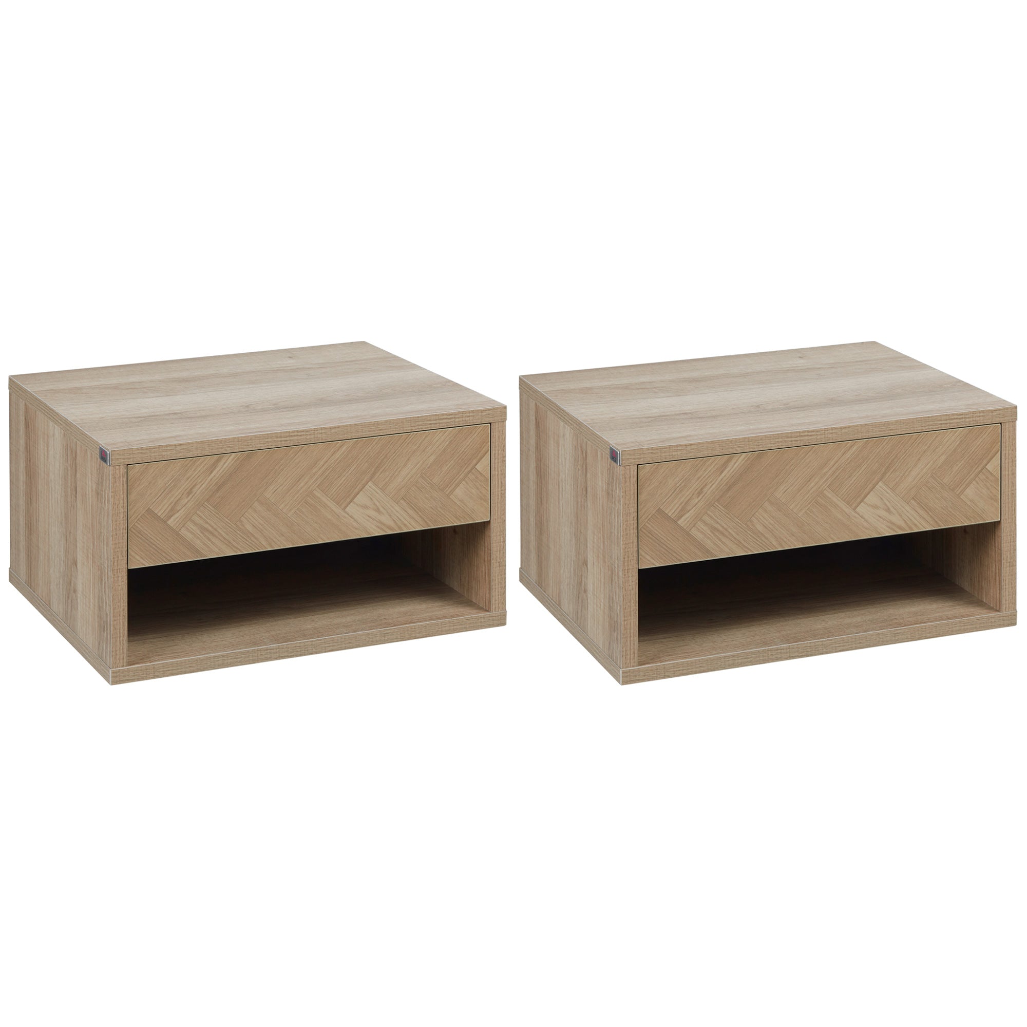 HOMCOM Floating Bedside Table Set of 2 Wall Mounted Nightstand with Storage Drawer and Open Shelf for Bedroom, Natural