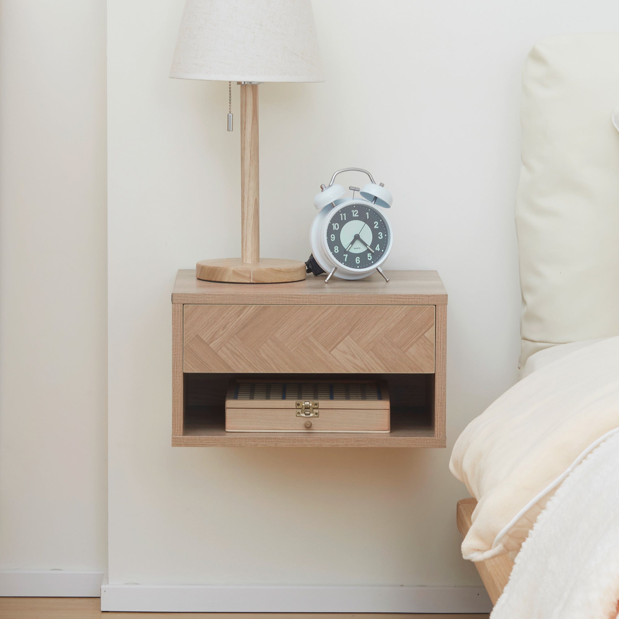 HOMCOM Floating Bedside Table Set of 2 Wall Mounted Nightstand with Storage Drawer and Open Shelf for Bedroom, Natural