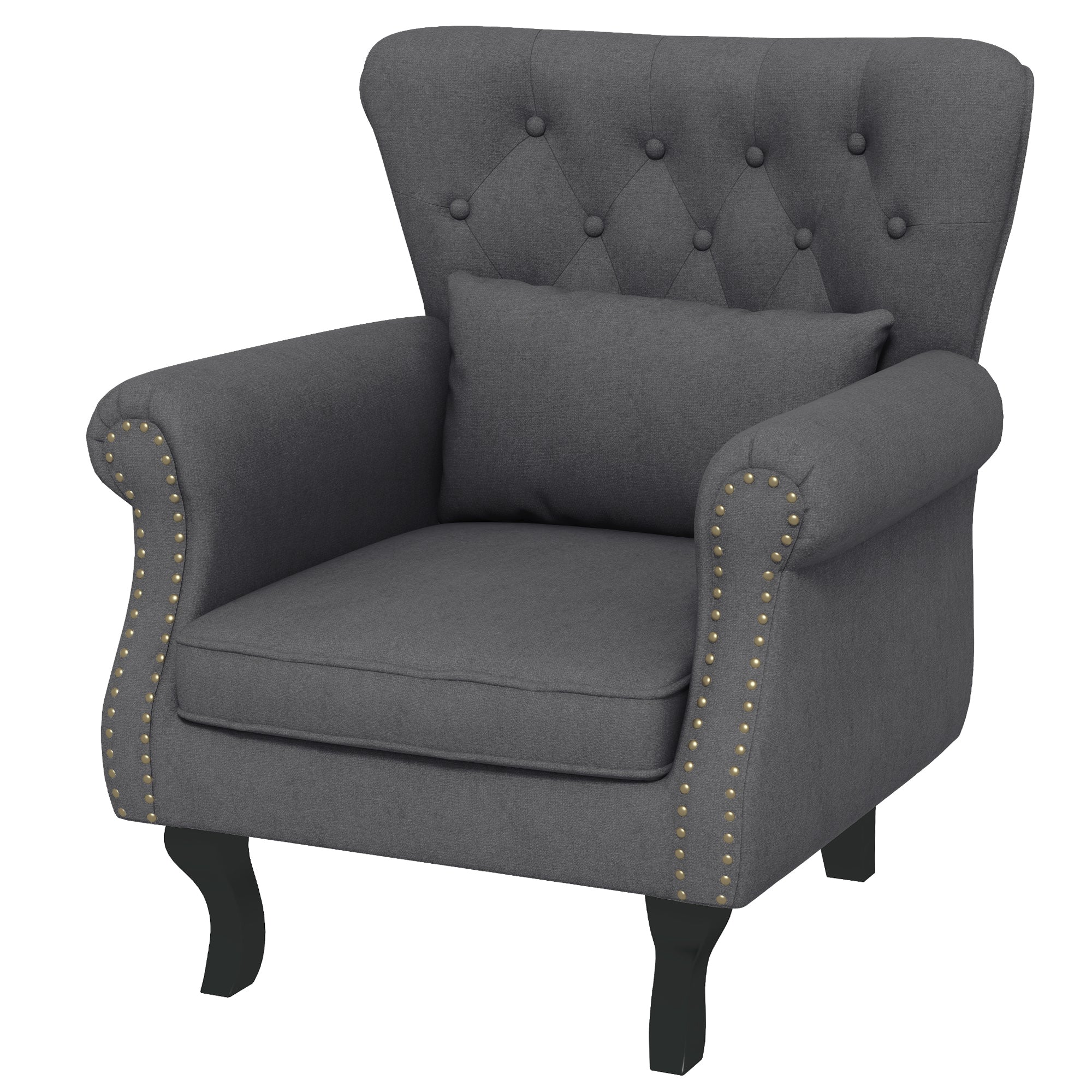 HOMCOM Wingback Armchair, Chesterfield-style Accent Chair, Upholstered Fireside Chair with Pillow, Button Tufted Back and Naihead Trim for Living Room, Bedroom, Home Office, Dark Grey