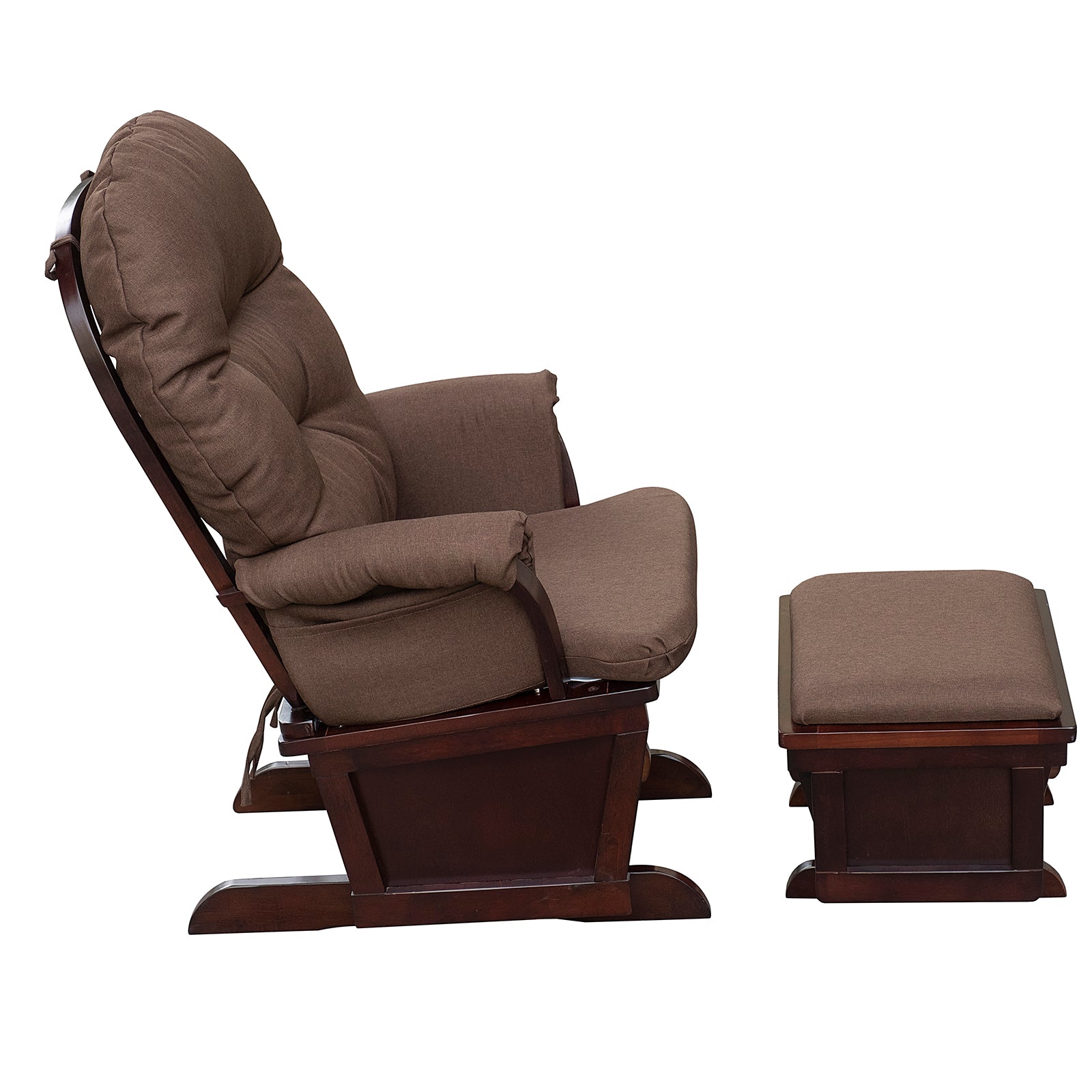 Nursery Glider Rocking Chair with Ottoman Thick Padded Cushion Seating and Wood Base Brown