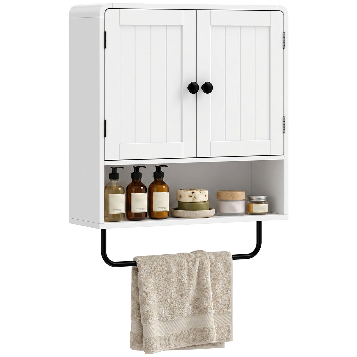Bathroom Wall Cabinet, Wall Mounted Bathroom Cabinet with 2 Doors, Open Shelf, Towel Bar and Adjustable Shelf Storage for Toilet, Laundry, White