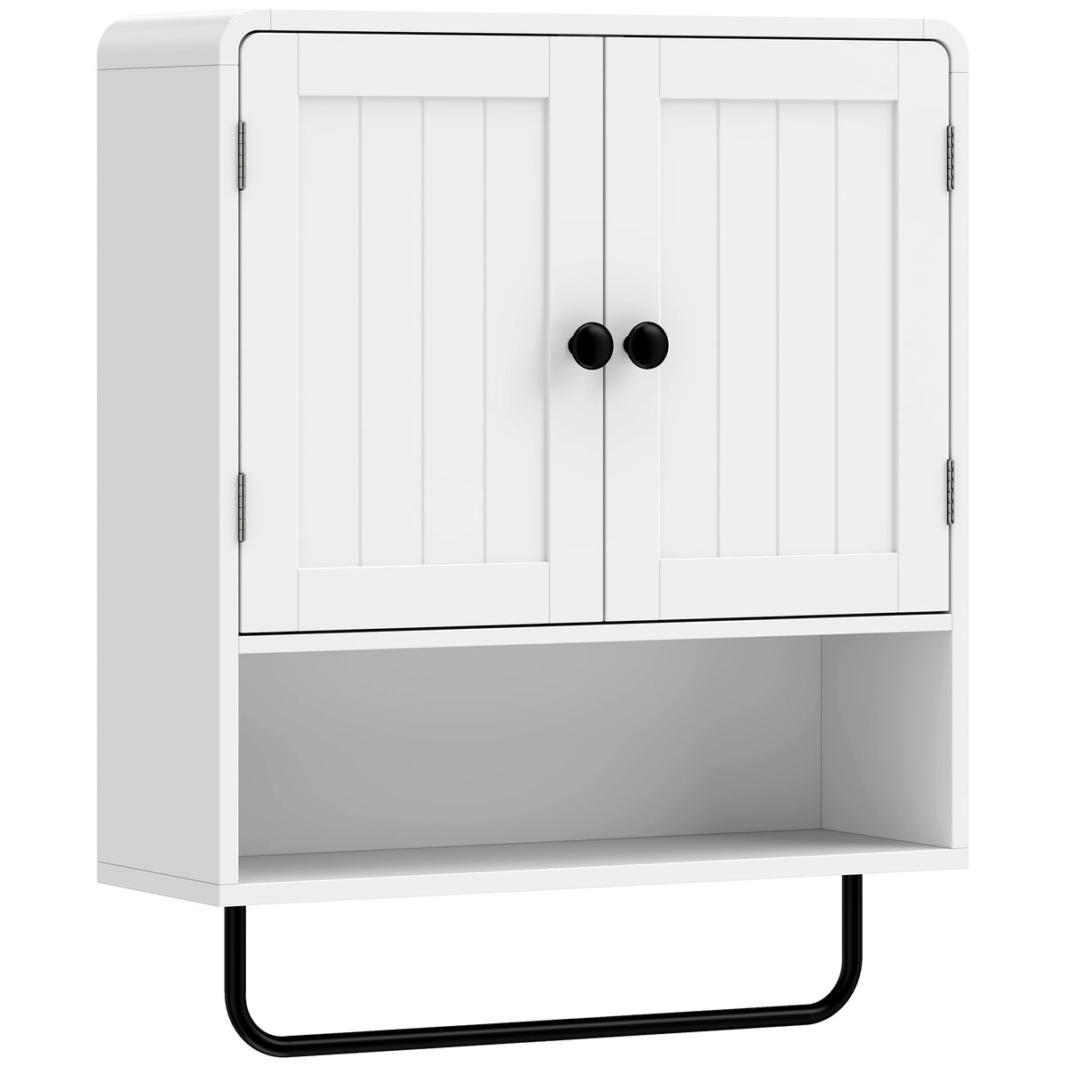 Bathroom Wall Cabinet, Wall Mounted Bathroom Cabinet with 2 Doors, Open Shelf, Towel Bar and Adjustable Shelf Storage for Toilet, Laundry, White