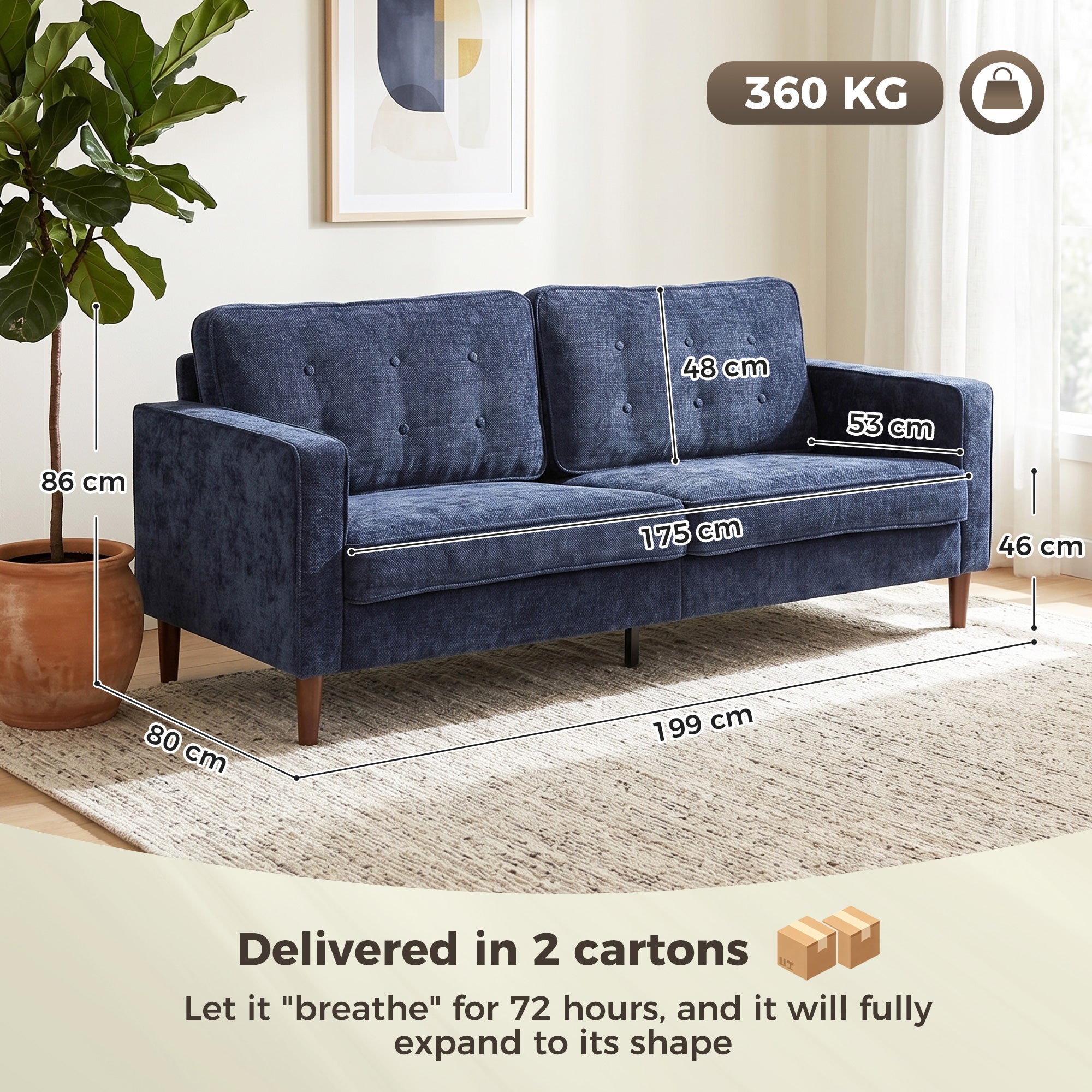 3 Seater Sofa, Upholstered Small Couch for Bedroom, Modern Futon Sofa Settee with Padded Cushion, Button Tufting and Wood Legs for Living Room, Dark Blue
