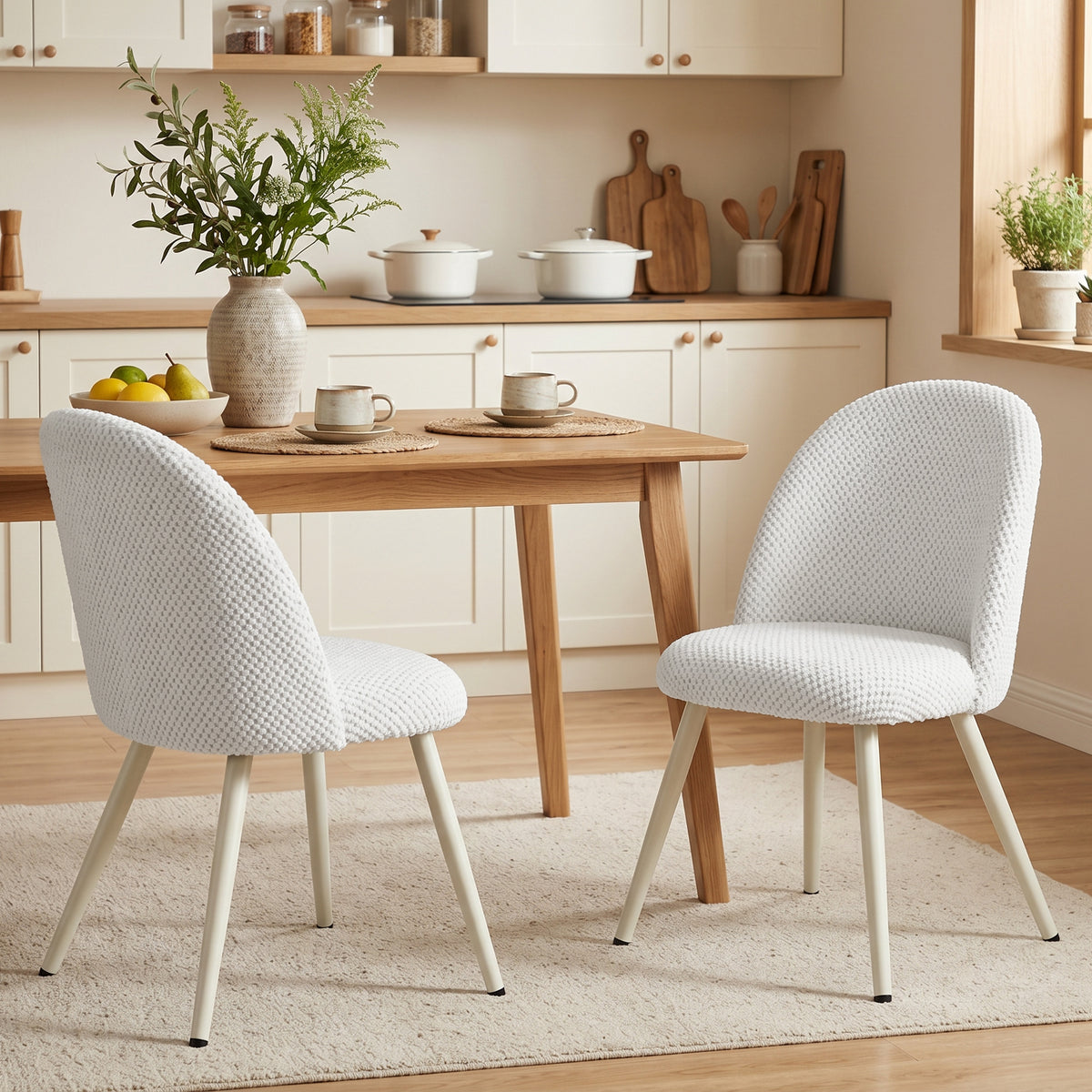 Modern Dining Chairs Set of 2, Velvet Fabric Upholstered Kitchen Chairs with Thick Padded Seat and Backrest, Metal Legs for Dining Room, Kitchen, Home Office, White