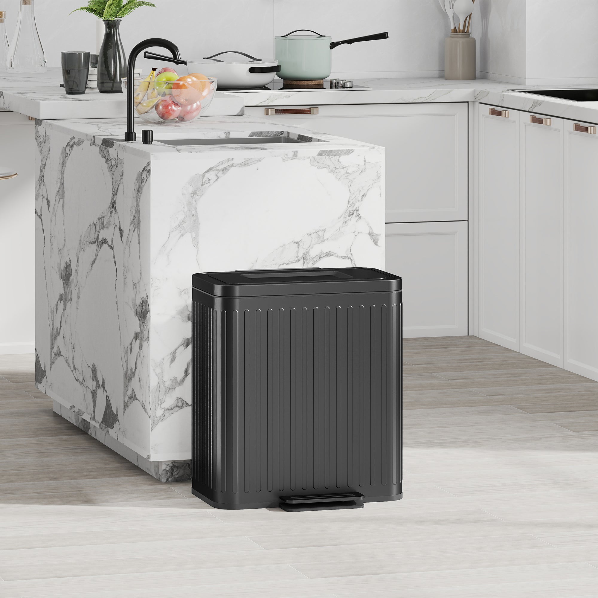 Trash Can, 2 x 5.3 Gallon (2 x 20 L) Garbage Can with Soft-Close Lid, Foot Pedal, Removable Inner Buckets, Fingerprint-Proof, Garbage Bin for Kitchen Home Office, Black