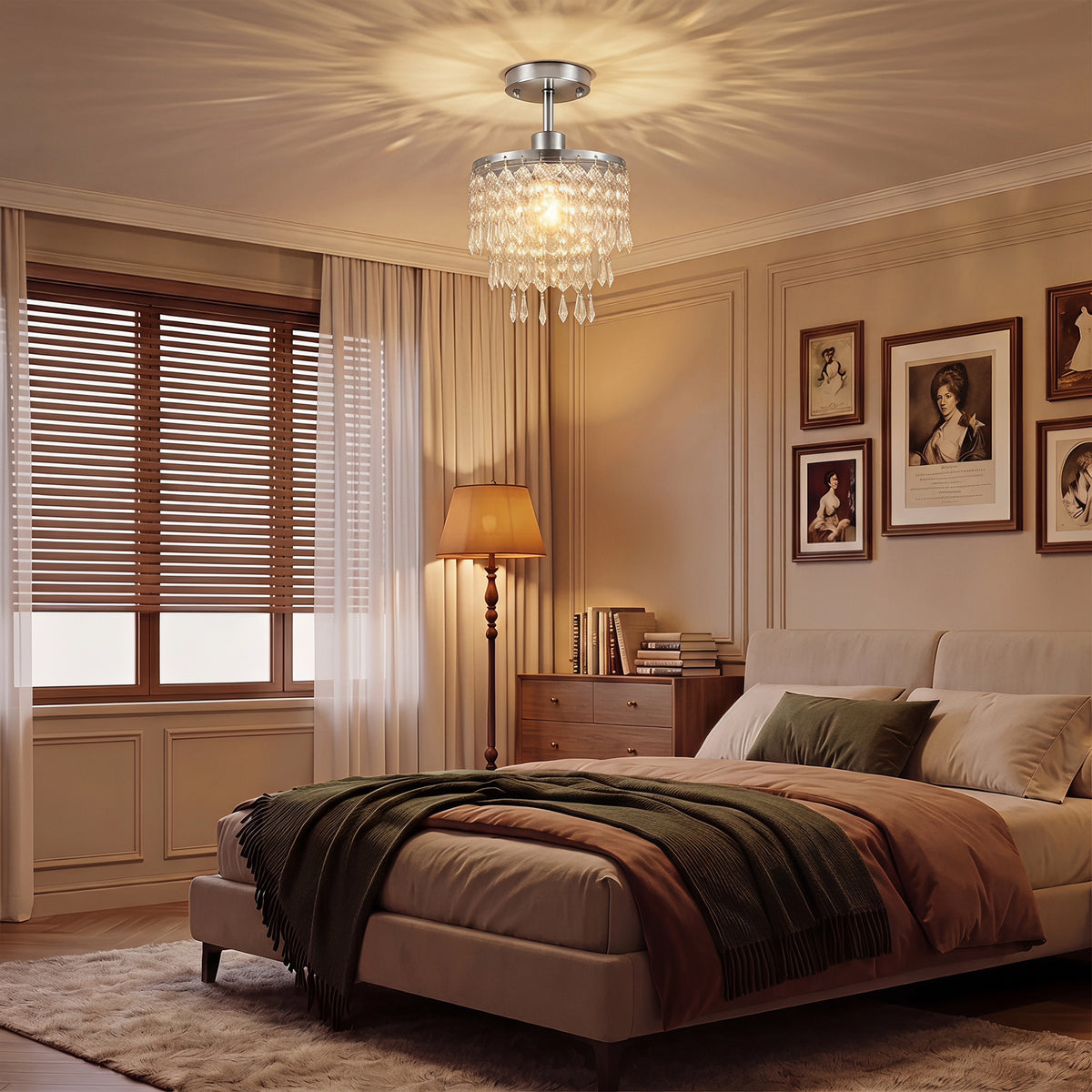 Crystal Ceiling Light with 57 Crystal Strands, Modern Ceiling Light with Mounting Plate for Bedroom, Dining Room, Hallway, Silver Tone, Bulb Not Included
